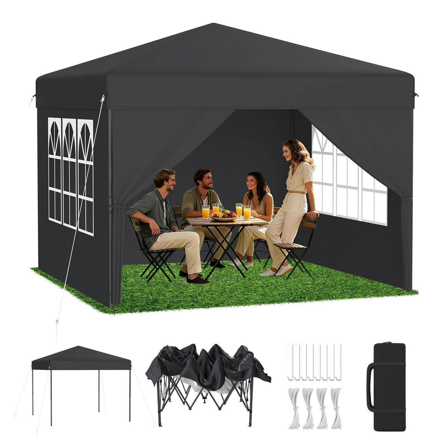 Schwarzes Pop-up-Pavillon-Zelt mit Seitenwänden, das für den Außengebrauch aufgestellt ist, mit vier Personen, die an einem Tisch im Inneren sitzen, und klappbarem Rahmen sowie Tragetasche, die unten abgebildet sind.