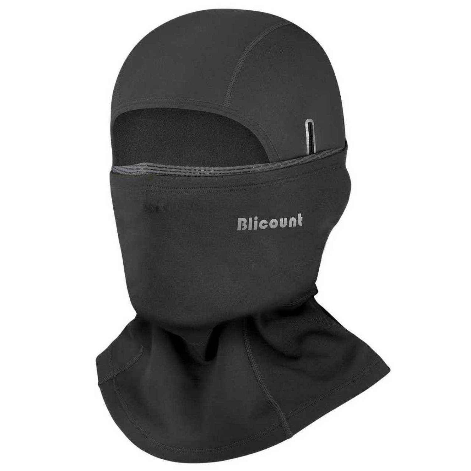 Schwarze Gesichtsmütze mit vollem Gesichtsschutz und Nackenbereich, mit 'Blicount'-Logo auf der Vorderseite.