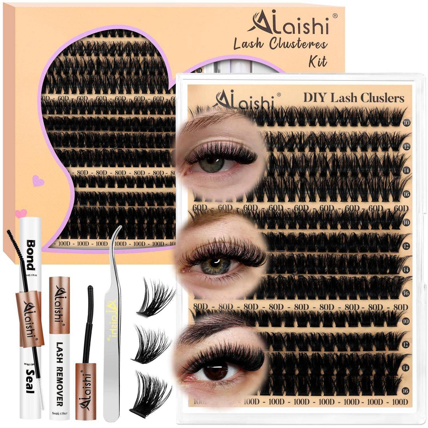 Alaishi DIY-Wimperncluster-Set mit mehreren Reihen von künstlichen Wimpern, Wimpernentferner, Applikator-Tools und Vorher-Nachher-Beispiele für Augen.