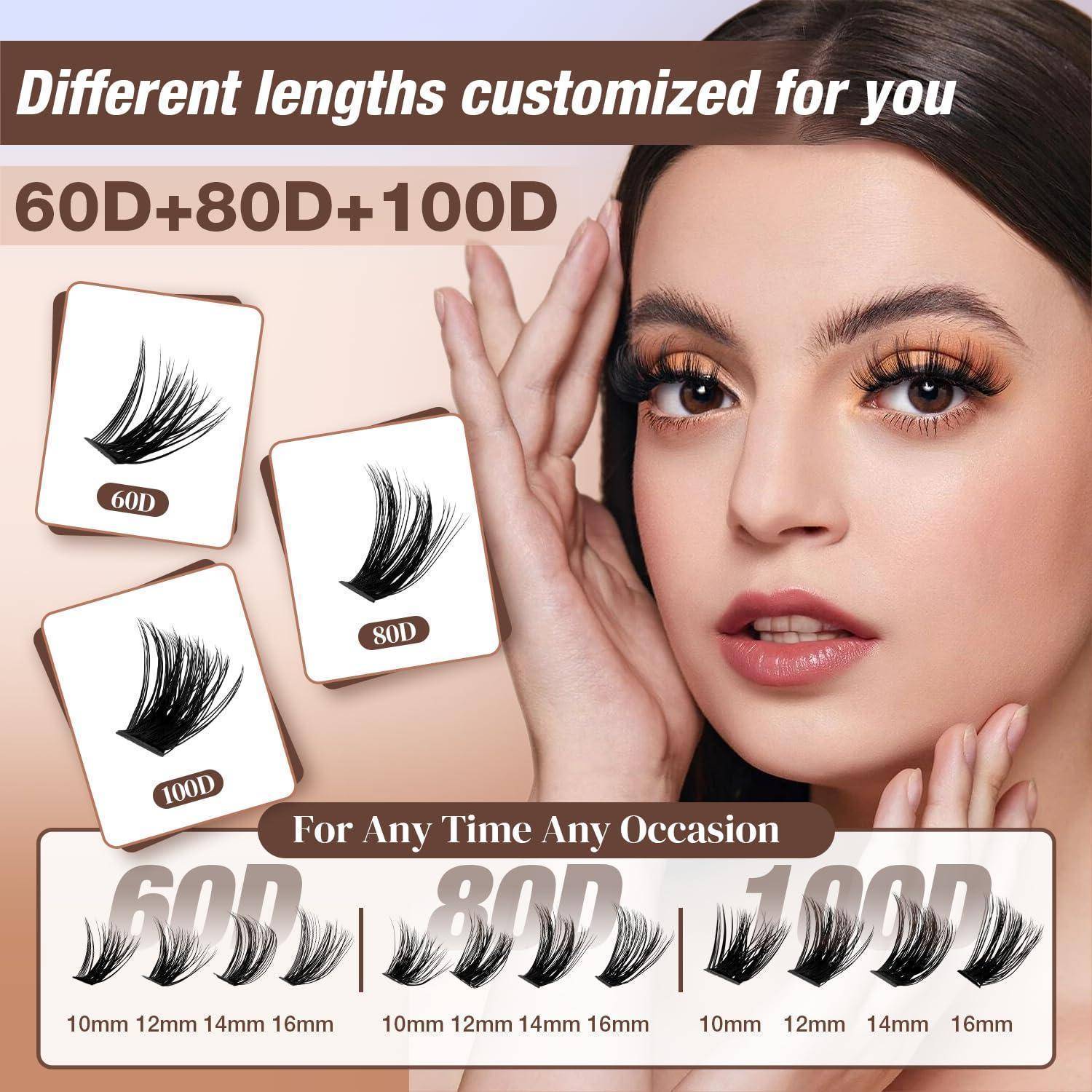 Werbebildzur einer Frau mit künstlichen Wimpern, die anpassbare Wimpernlängen mit den Bezeichnungen 60D, 80D und 100D und Größen von 10 mm bis 16 mm für verschiedene Anlässe zeigt.