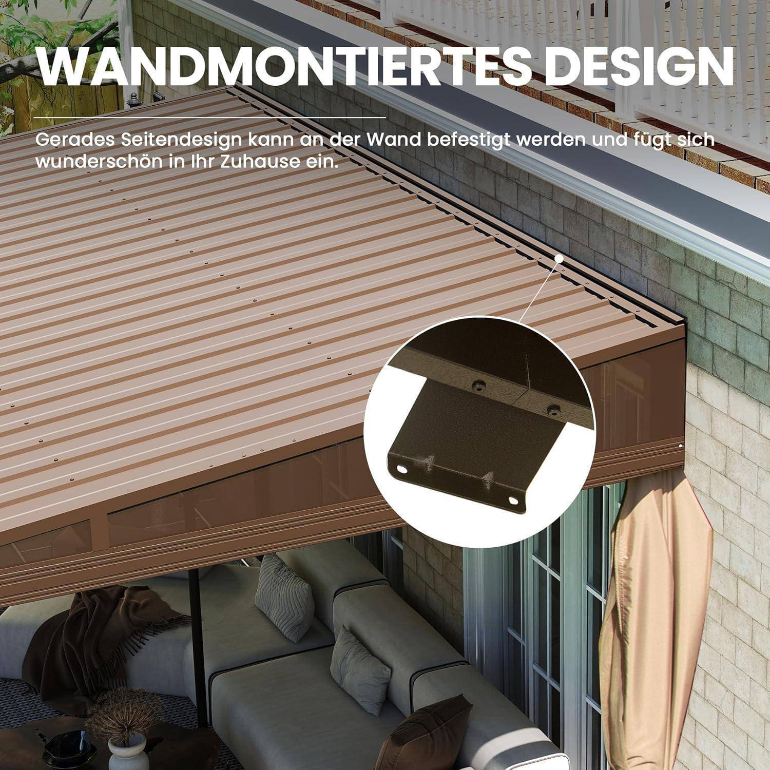 Wandmontiertes Pergola-Dach über Terrassen-Sitzbereich mit deutschem Text "WANDMONTIERTES DESIGN"" und einer Detailansicht der Wandmontierungsklammer.