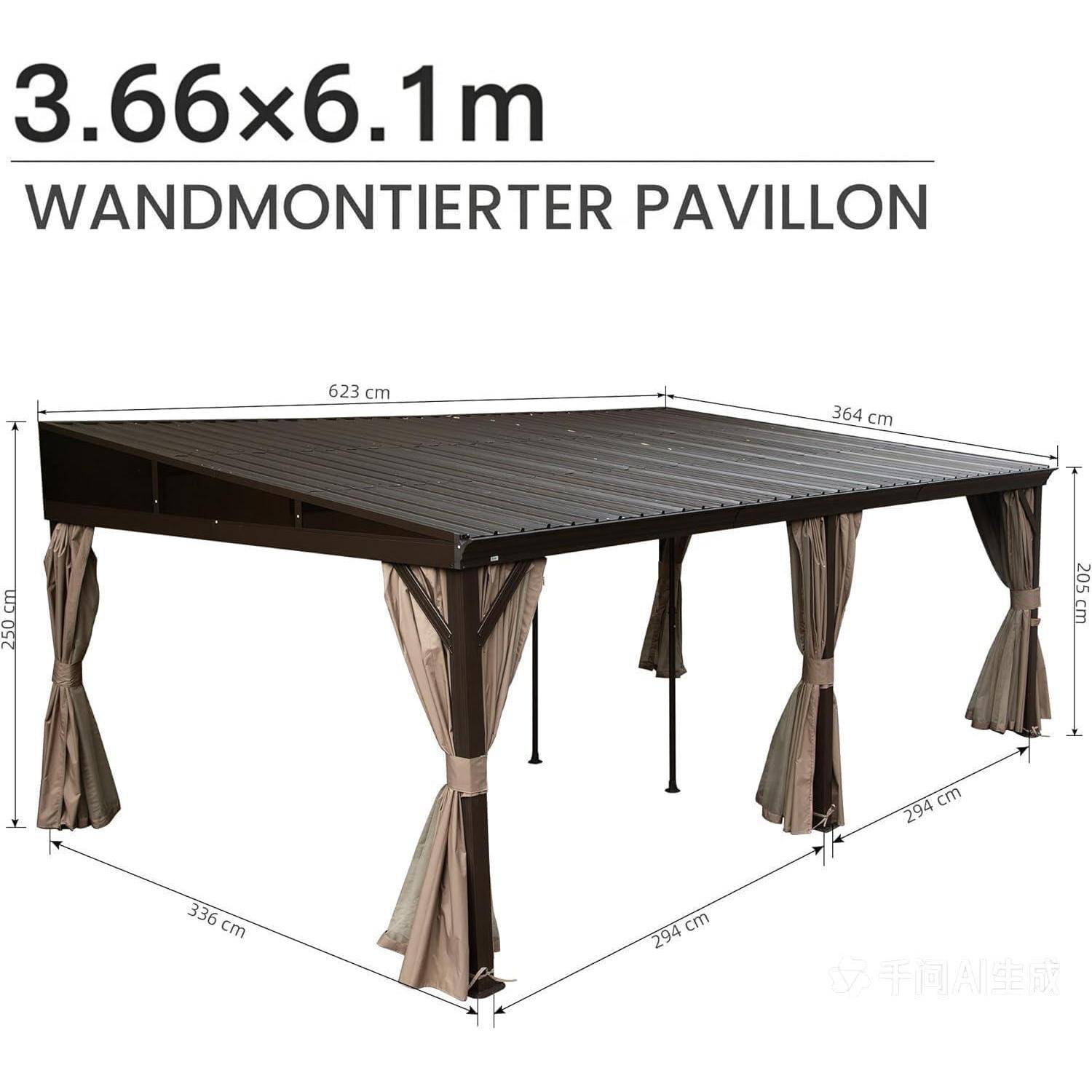 Abbildung eines wandmontierten Pavillondaches mit der Bezeichnung '3,66 x 6,1 m WANDMONTIERTER PAVILLON' mit gekennzeichneten Abmessungen und Vorhängen an vier Ecken.