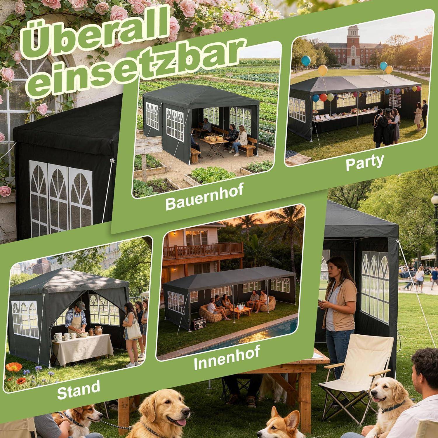 Werbecollage zeigt ein schwarzes Pop-Up-Zelt, das in mehreren Umgebungen verwendet wird: auf dem Bauernhof, bei einer Party, an einem Stand und auf einem Innenhof; der Text sagt „Überall einsetzbar" und die Szenen zeigen vielseitige Außennutzung.