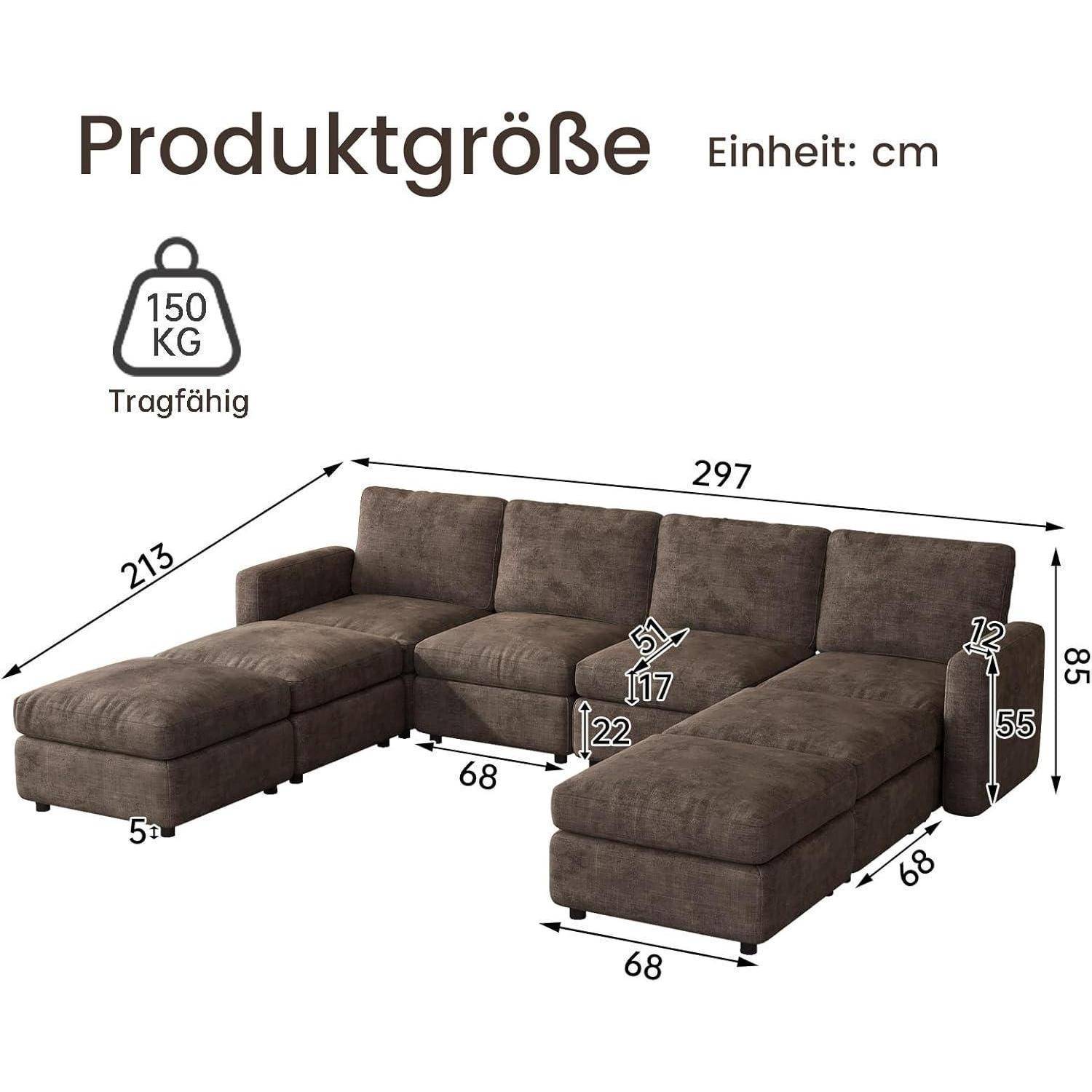 Größendiagramm eines L-förmigen Ecksofa, in cm gekennzeichnet, 297 cm breit, 213 cm tief, 85 cm hoch, mit 150 kg Tragfähigkeit.