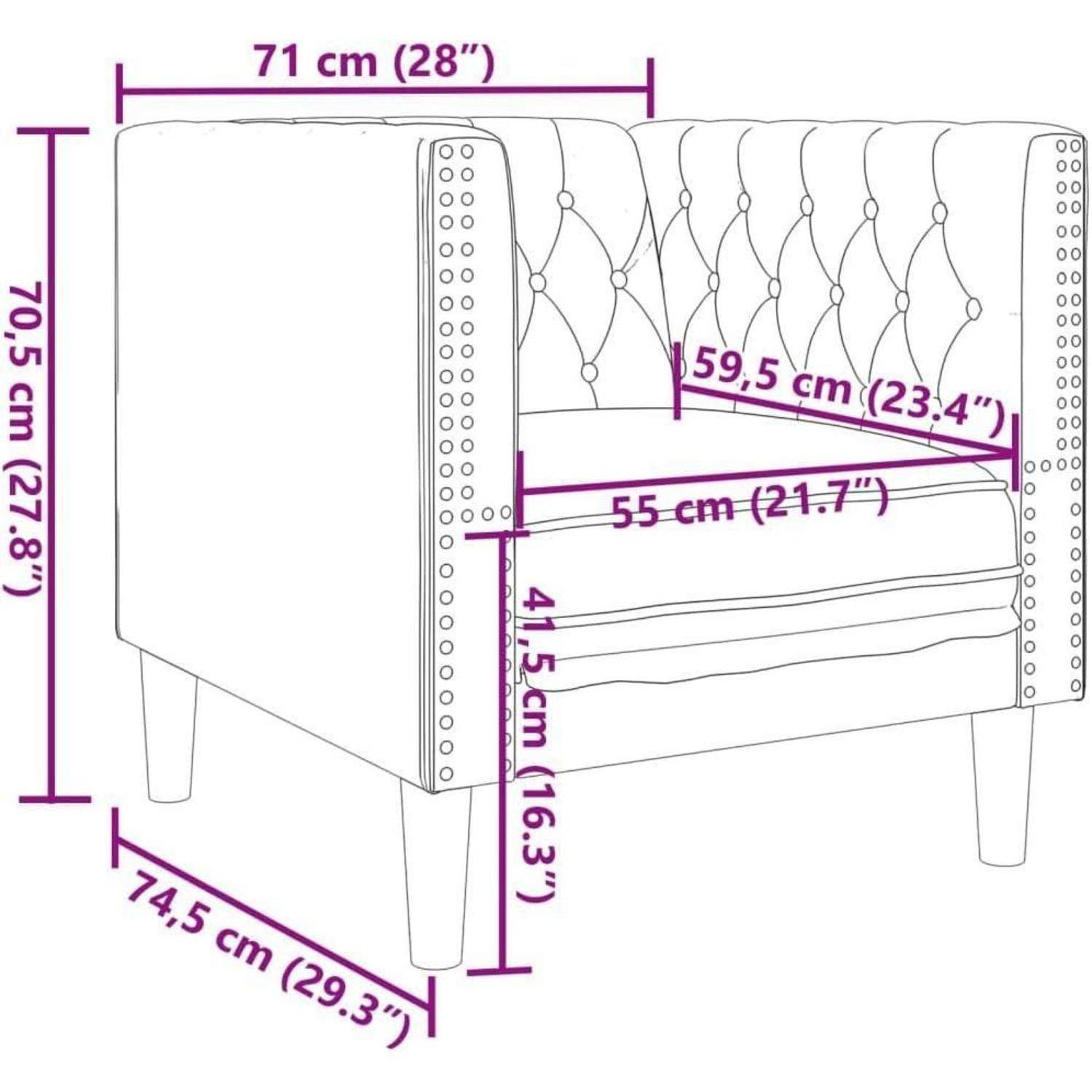 Maßstabgerechte Linienzeichnung eines gepolsterten Sessels mit Gesamtbreite 71 cm, Höhe 70,5 cm, Tiefe 74,5 cm und Sitzmessungen 55 cm mal 41,5 cm.