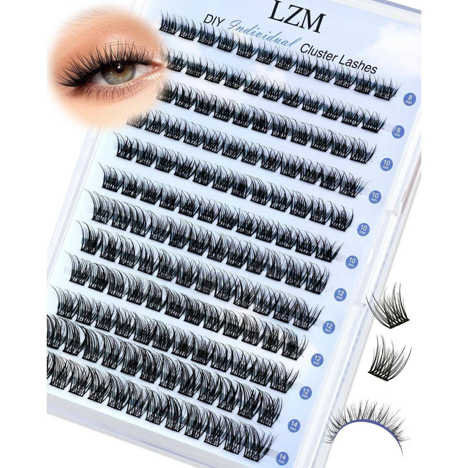 Produktbild von LZM DIY Individual Cluster Lashes, das mehrere Reihen von Wimpernlängen auf einem Tablett und ein Auge mit falschen Wimpern zeigt.
