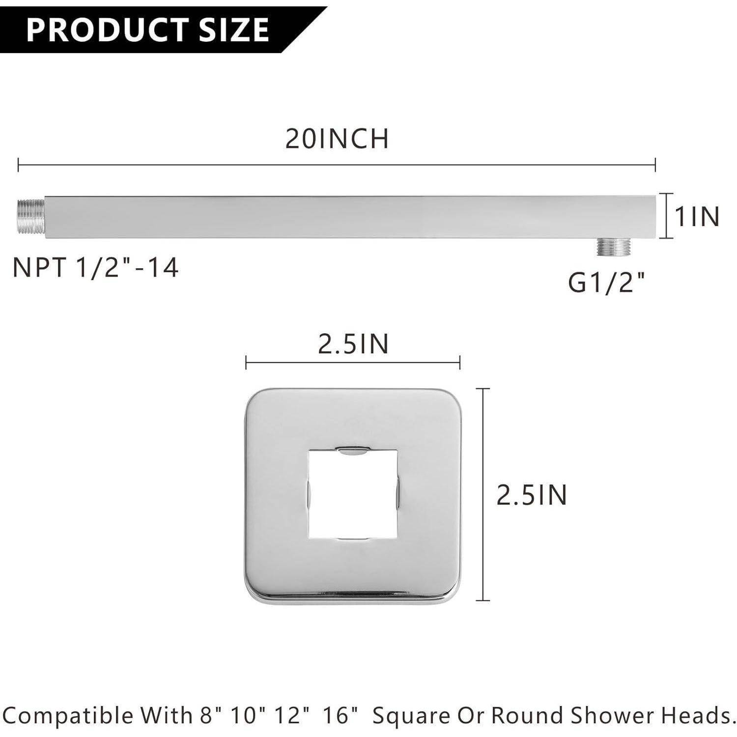 Größendiagramm für Duscharm und Wandhalterung: 20-Zoll-Arm, 1-Zoll-Durchmesser, NPT 1/2