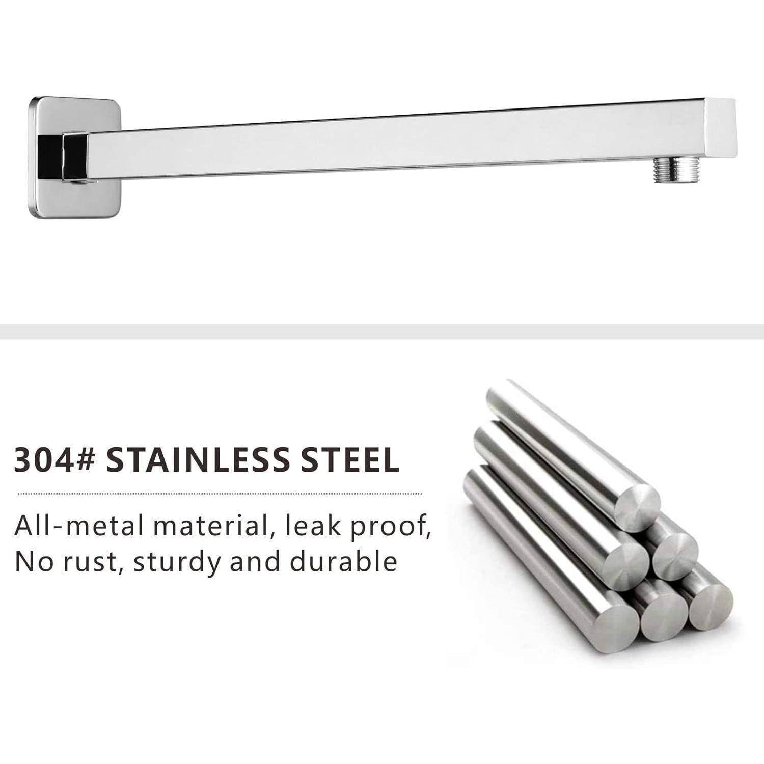 Edelstahl-Duscharm, gezeigt mit '304# EDELSTAHL' und 'Vollmetallmaterial, auslaufsicher, Rostfrei, robust und langlebig' Text und Metallstangen.