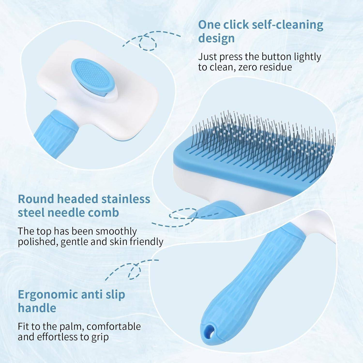 Werbebild eines blauen Haustierpflegepinsels mit Selbstreinigungsknopf, Edelstahlborsten und ergonomischem rutschfestem Griff.