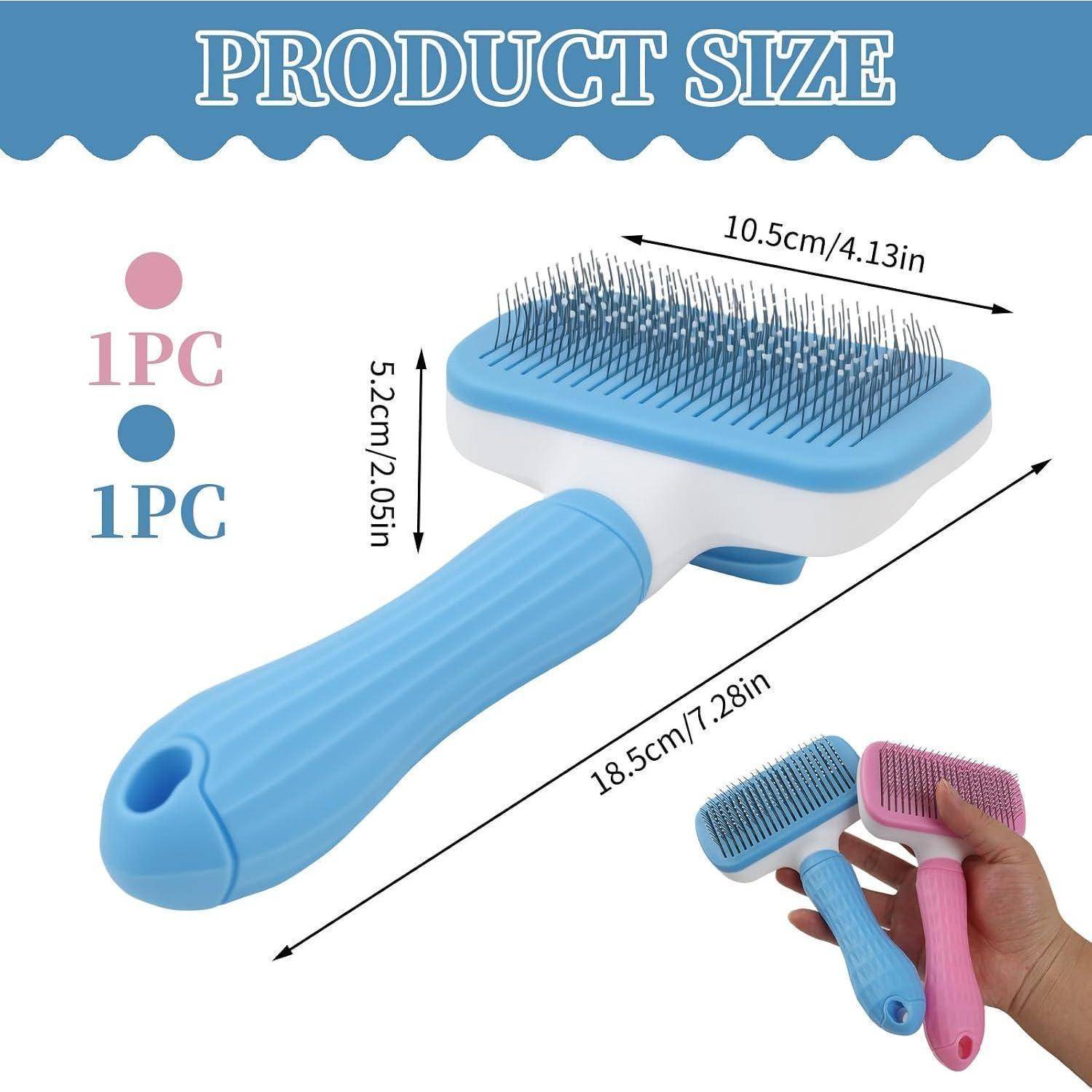 Produktgrößendiagramm für eine Haustierflegebürste mit Griff: 18,5 cm lang, 10,5 cm breit, 5,2 cm hoch; verfügbar in Blau- und Rosatönen.