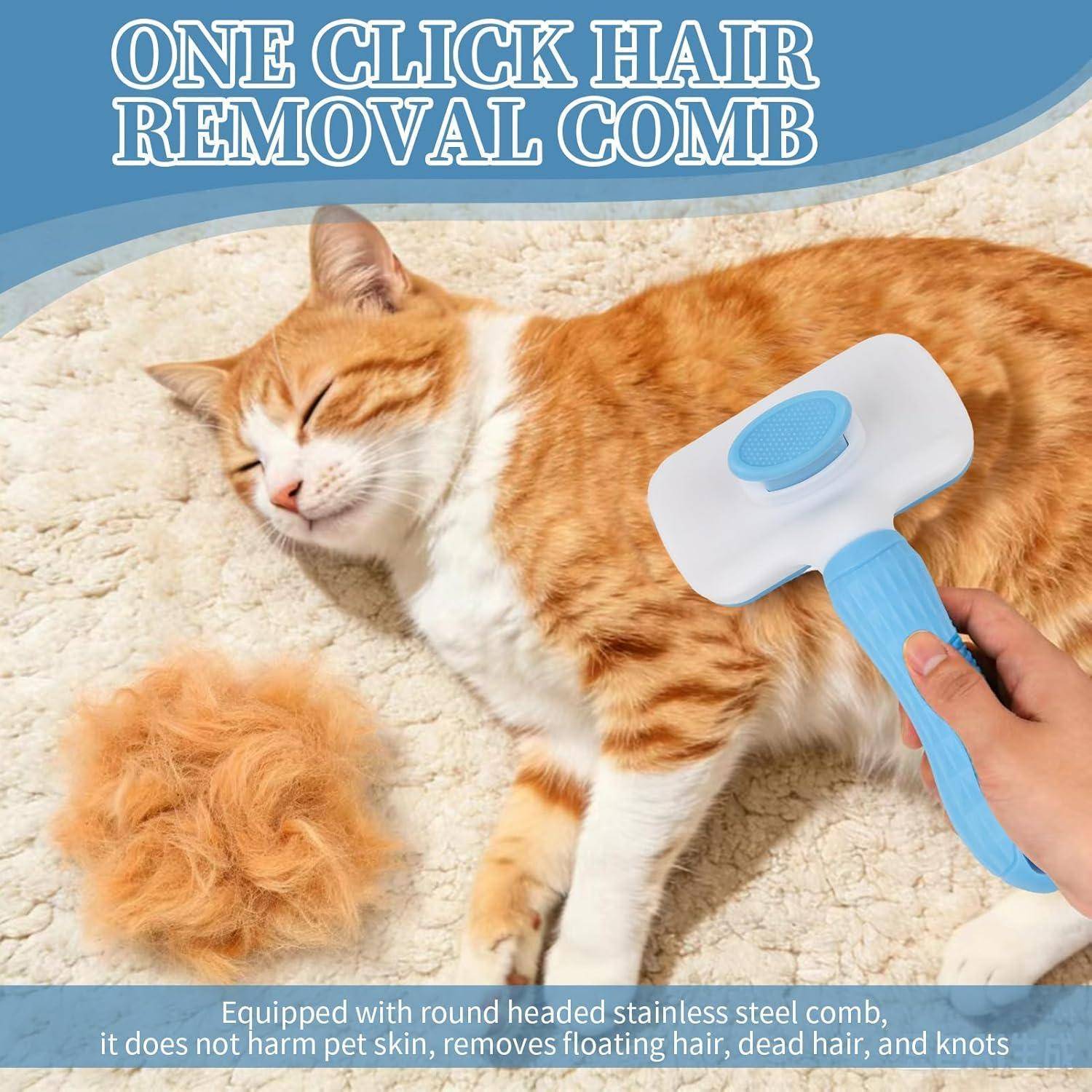 Orange-weißen Katze wird mit einem blauen Entfilzungskamm auf einer Decke gebürstet, mit lockerem Fell daneben; Text bewirbt einen sicheren Katzenpflegekamm.