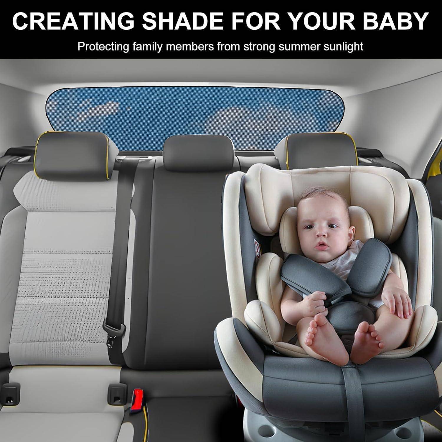 Baby im Rücksitz mit einer Sonnenblende am hinteren Fenster, darunter der Text „SCHATTEN FÜR IHR BABY SCHAFFEN