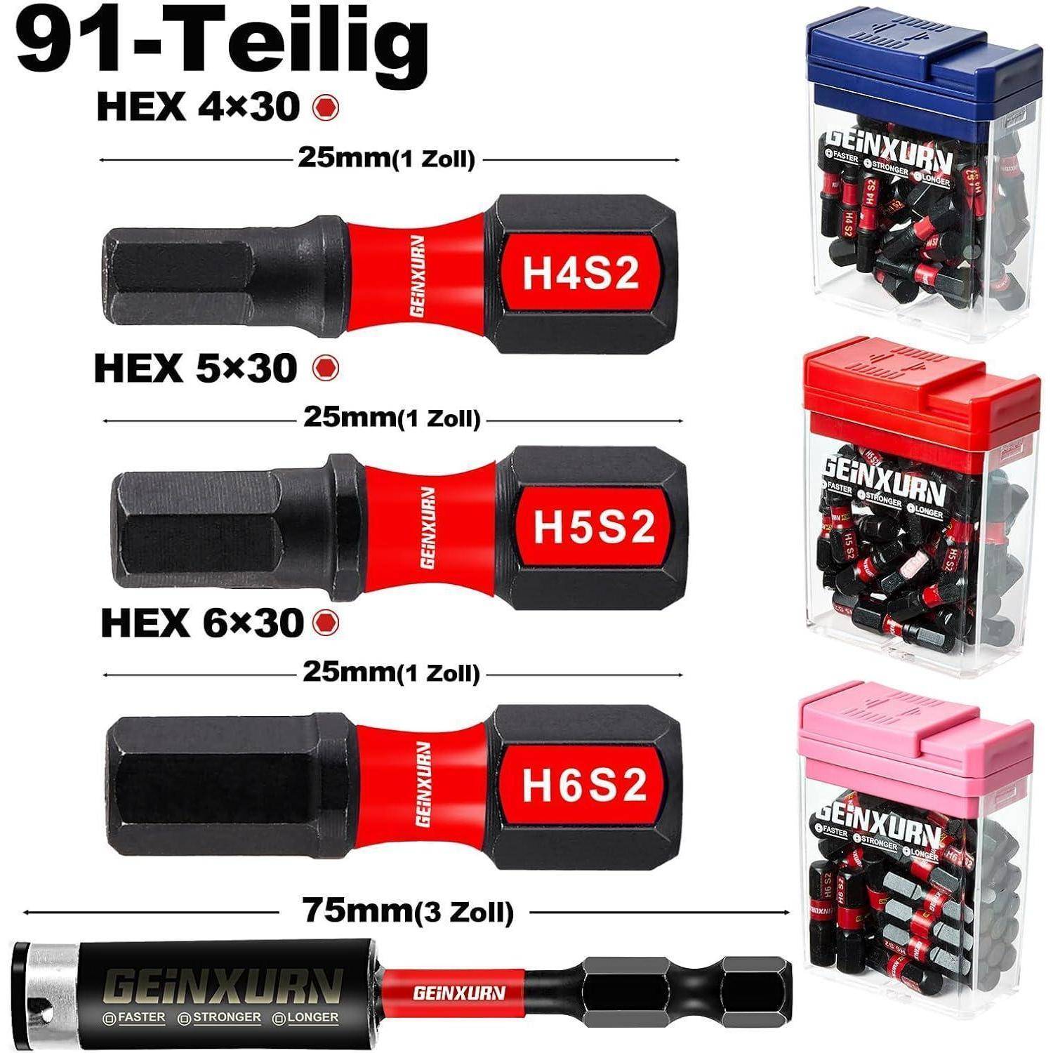 Produktbild eines 91-teiligen Sechskantbit-Sets mit H4S2, H5S2 und H6S2 Bits mit 25 mm und 75 mm Verlängerungen sowie Aufbewahrungskästen in Blau, Rot und Rosa.