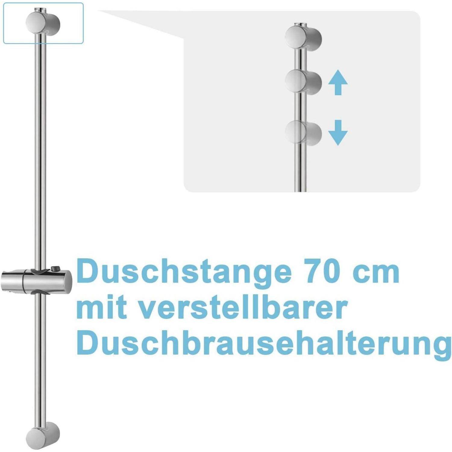 Chromduschstange, 70 cm lang, mit verstellbarem Duschkopfhalter; die Detailansicht zeigt den Halter, der nach oben und unten gleitet.