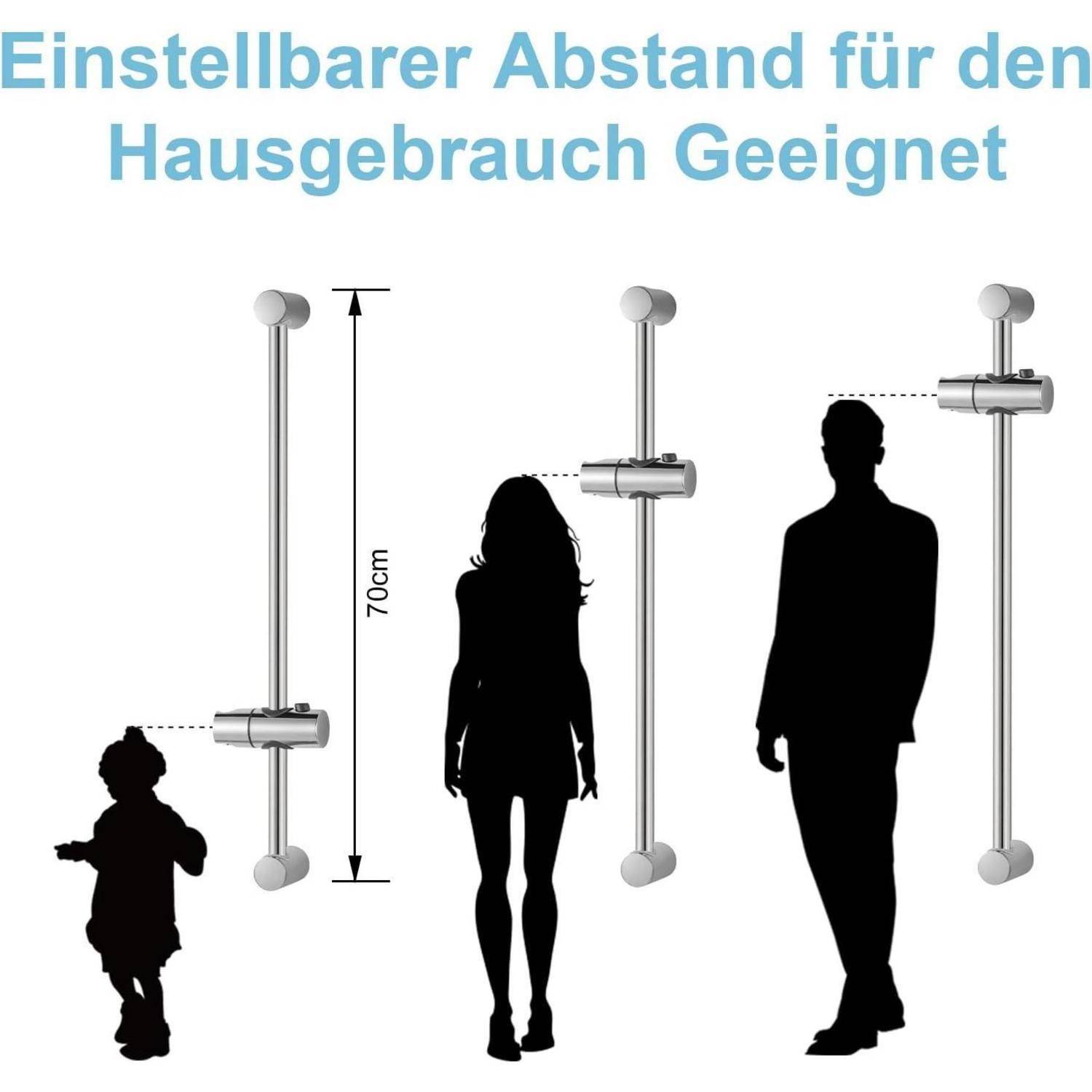 Deutsches Produktgrafik mit einem verstellbaren 70-cm-Heimgerät neben Silhouetten eines Kindes, einer Frau und eines Mannes, um die Höhenpassform zu zeigen.