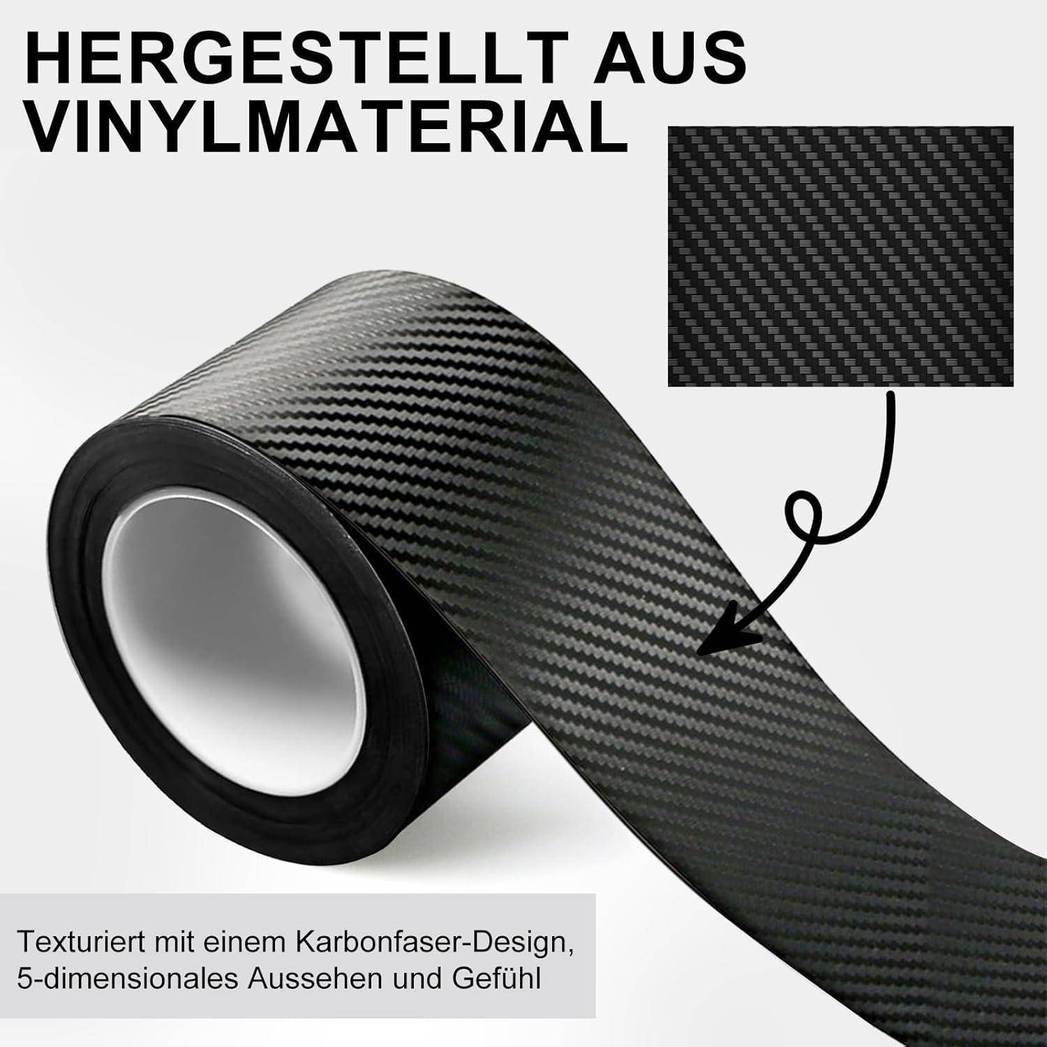 Rolle aus schwarzem Vinyl-Material mit Kohlefaser-Textur, dargestellt mit vergrößerter Nahaufnahme und deutschem Text, der das 5D-Aussehen und -Gefühl hervorhebt.