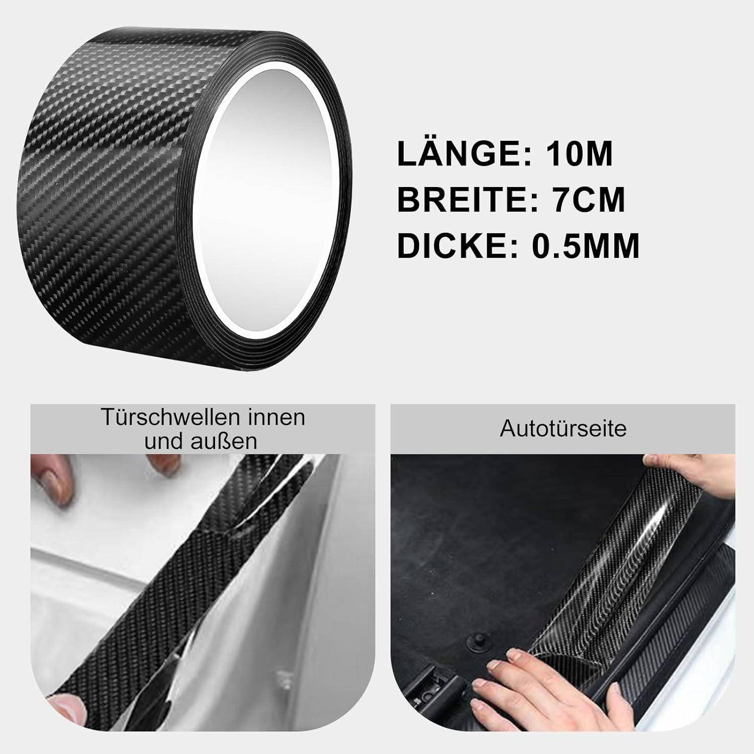 Schwarze Kohlefaser-Klebeband-Rolle mit Beschriftung „LÄNGE: 10M, BREITE: 7CM, DICKE: 0,5MM