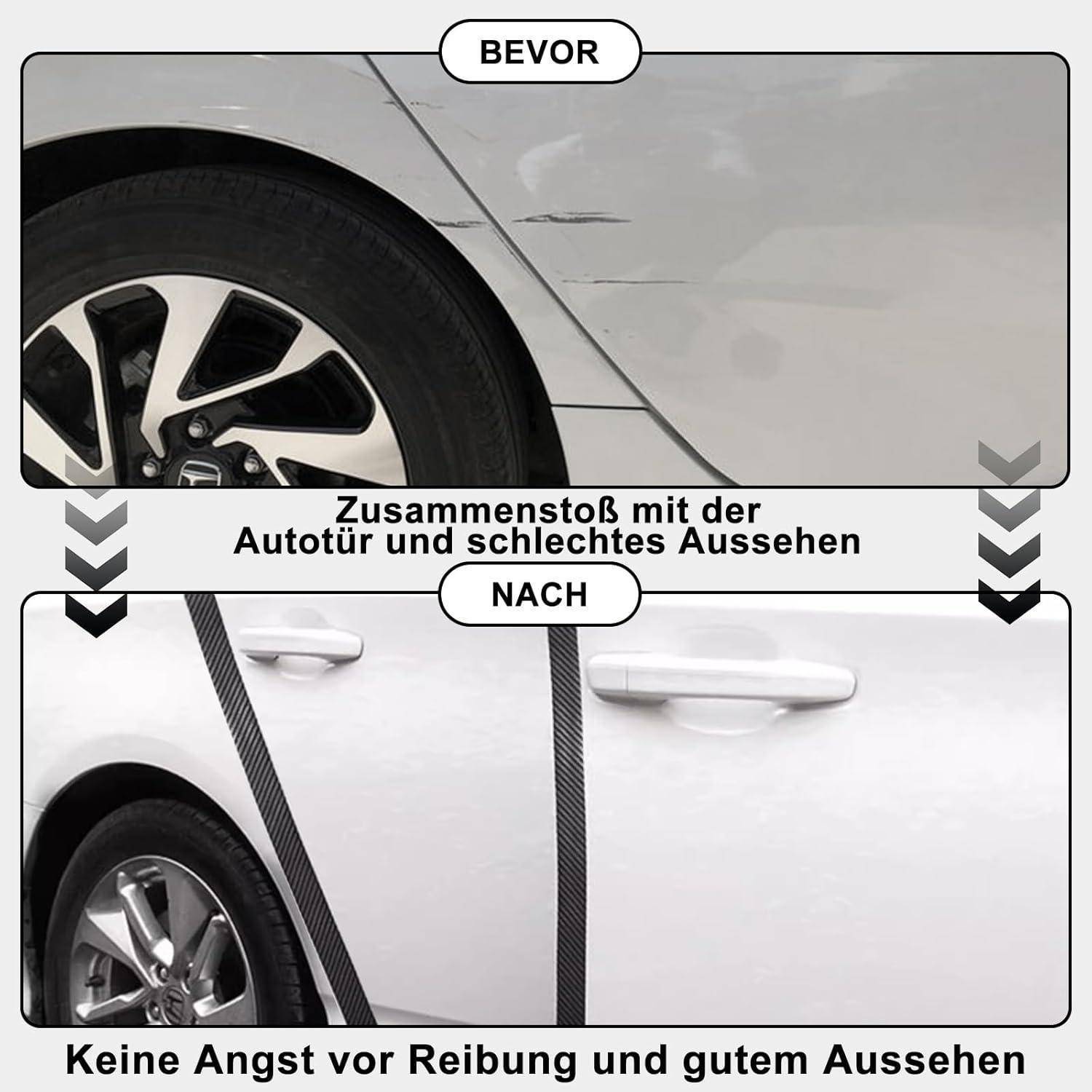 Vorher-und-nachher-Bild einer Autotür und eines Radbereichs, das Kratzer vor der Kollision mit der Tür und einen sauberen, reparierten Zustand danach zeigt.