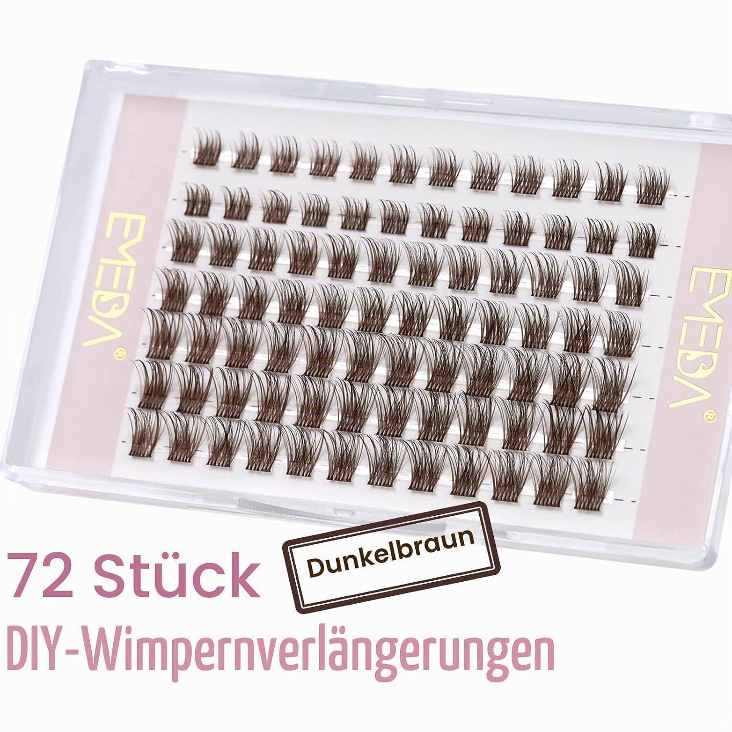 Pack mit 72 dunkelbraun DIY-Wimpernverlängerungen in einer transparenten Kunststoffbox, beschriftet mit „72 Stück DIY-Wimpernverlängerungen