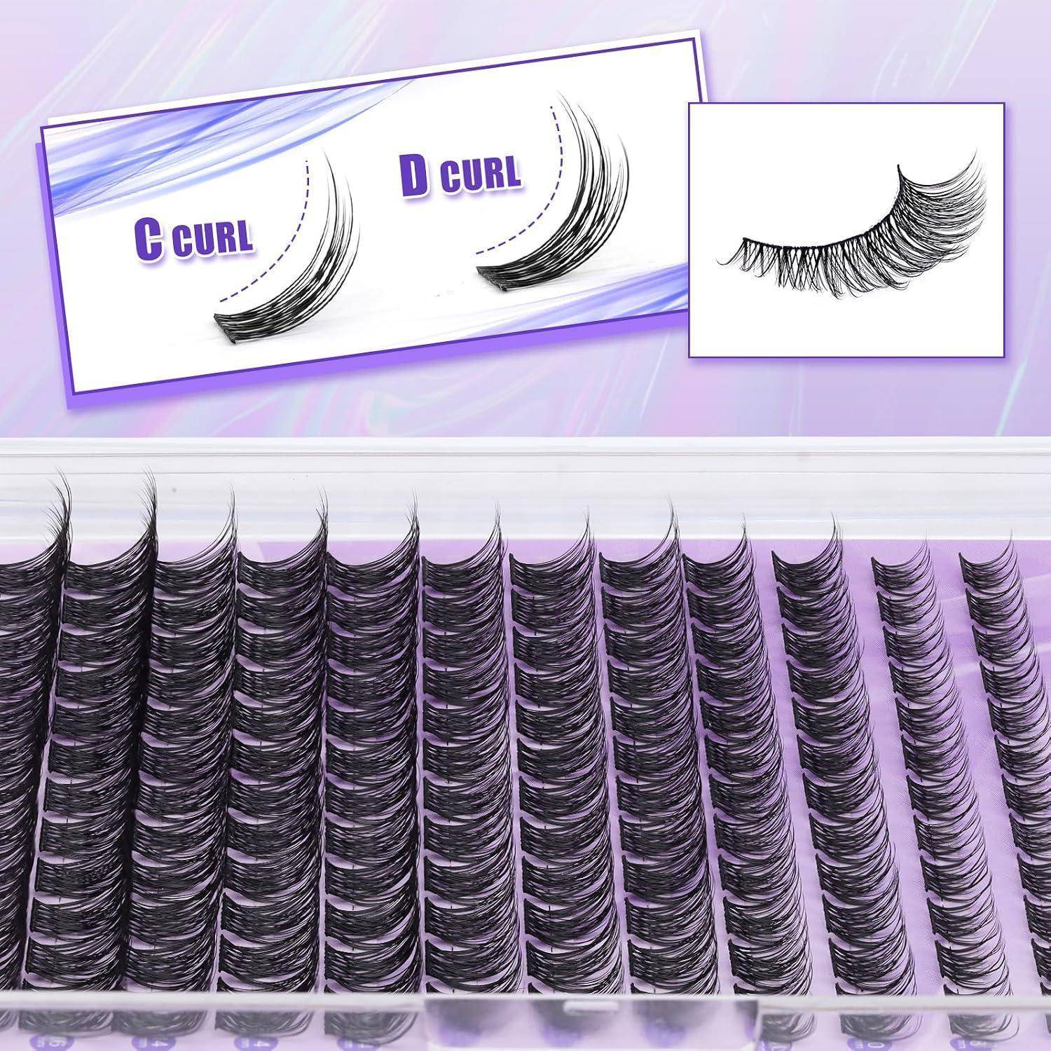 Falsche Wimpernstreifen in C-Curl- und D-Curl-Stilen, mit einer Nahaufnahme mehrerer schwarzer Wimpernverlängerungen in Tabletts.