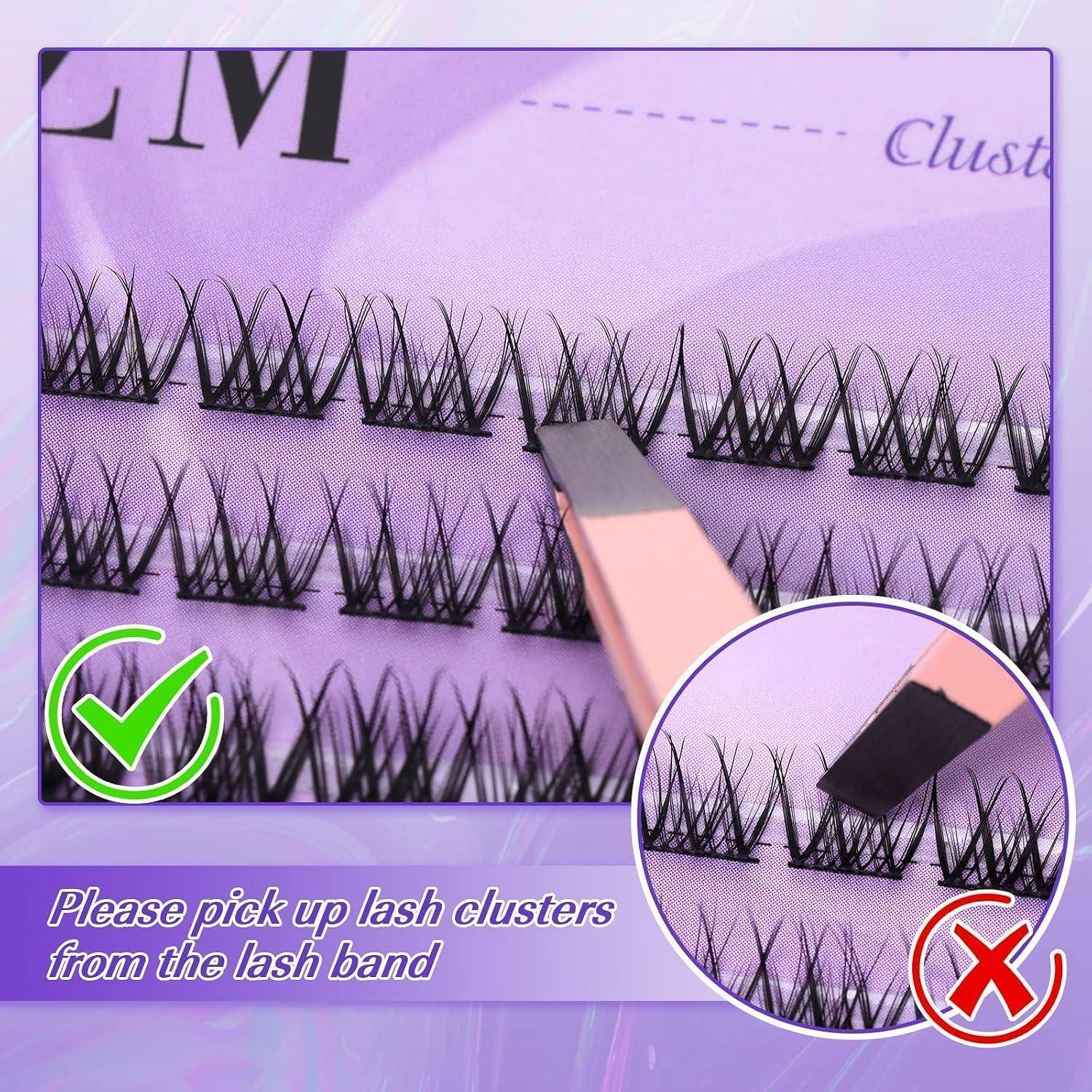 Nahaufnahme von Wimpernbüscheln, die mit einer Pinzette von einem Wimpernband angehoben werden; eine Einfügung zeigt eine fehlerhafte Platzierung, die mit einem X gekennzeichnet ist, und Text „Bitte nehmen Sie Wimpernbüschel vom Wimpernband auf