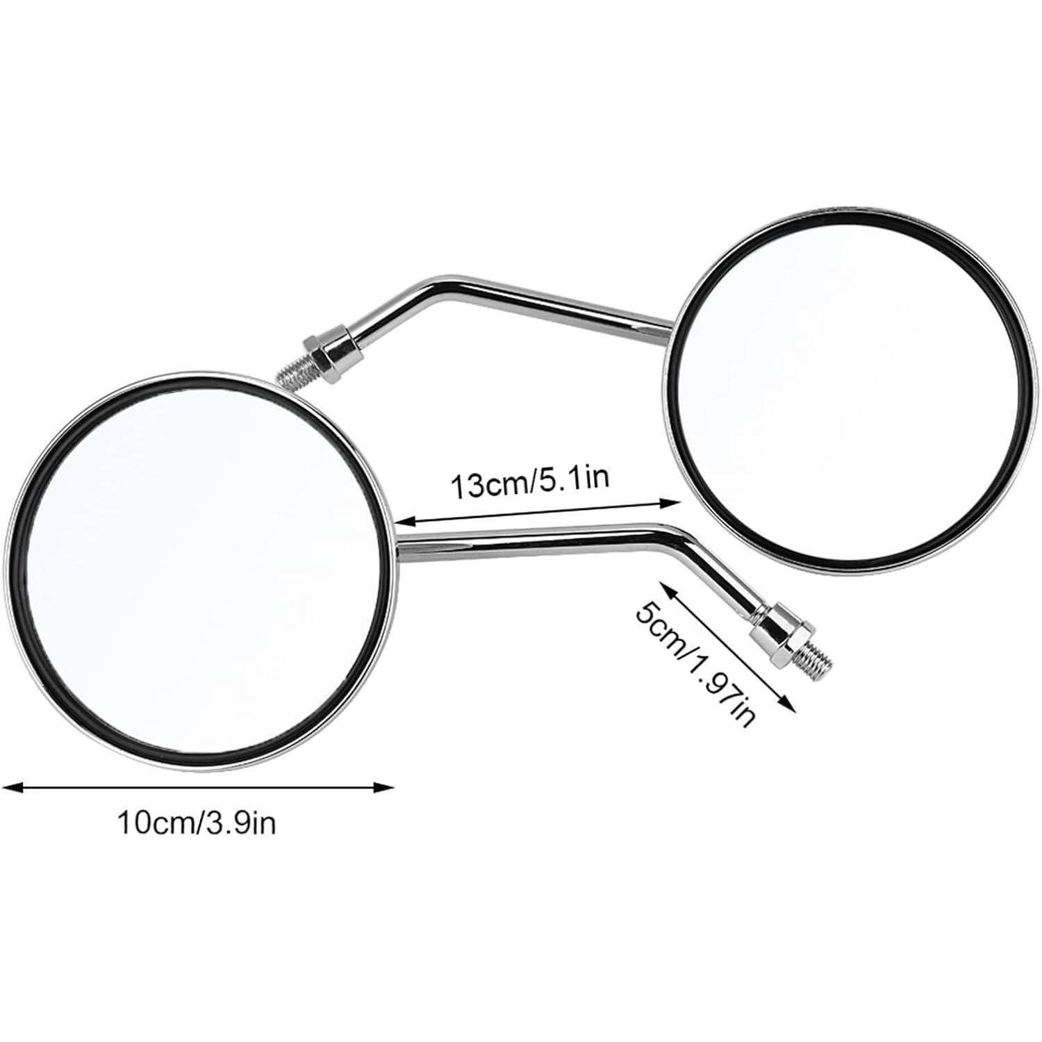 Paar runder verchromter Motorradmittel mit beschrifteten Abmessungen: 10 cm, 13 cm und 5 cm.