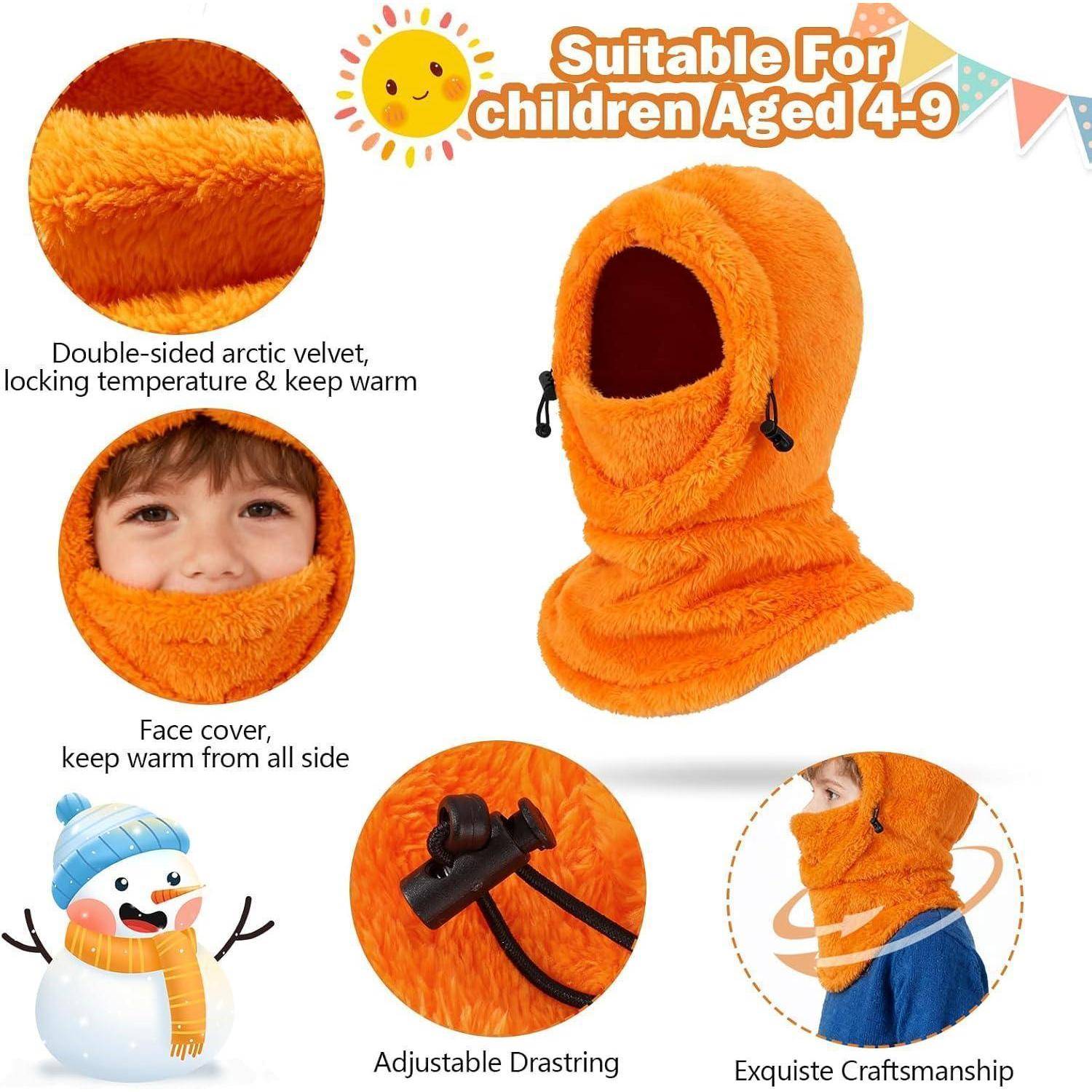 Werbegrafik einer orangefarbenen Fleece-Kapuze und Gesichtsbedeckung für Kinder im Alter von 4-9 Jahren, die Nahaufnahmen des Stoffes, der verstellbaren Zugschnur und der Wärmeeigenschaften zeigt.