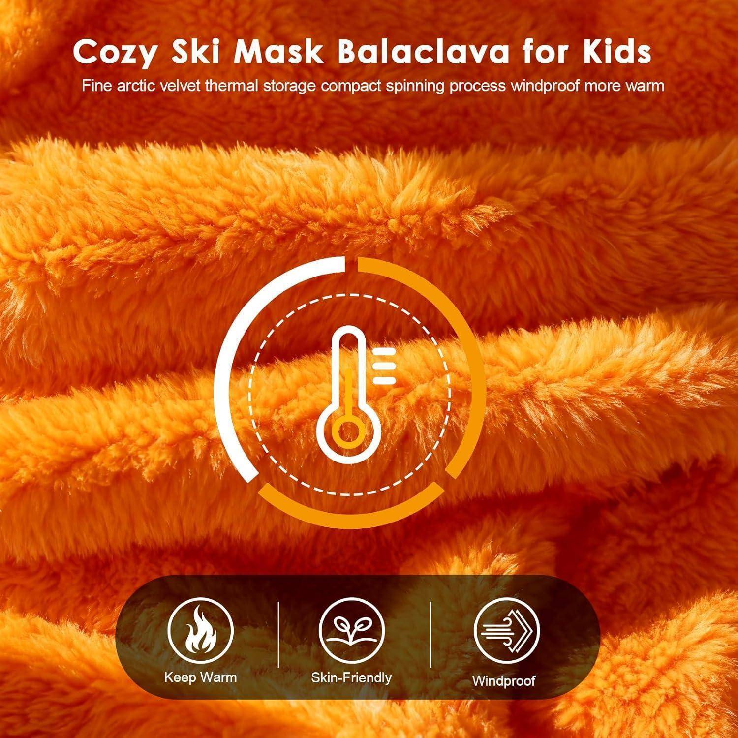 Orange weiches Kinder-Skimütze Balaclava-Angebot mit „Gemütliche Skimütze Balaclava für Kinder", Temperatur-Symbol und Funktionen: Warm halten, Hautfreundlich, Windabweisend.