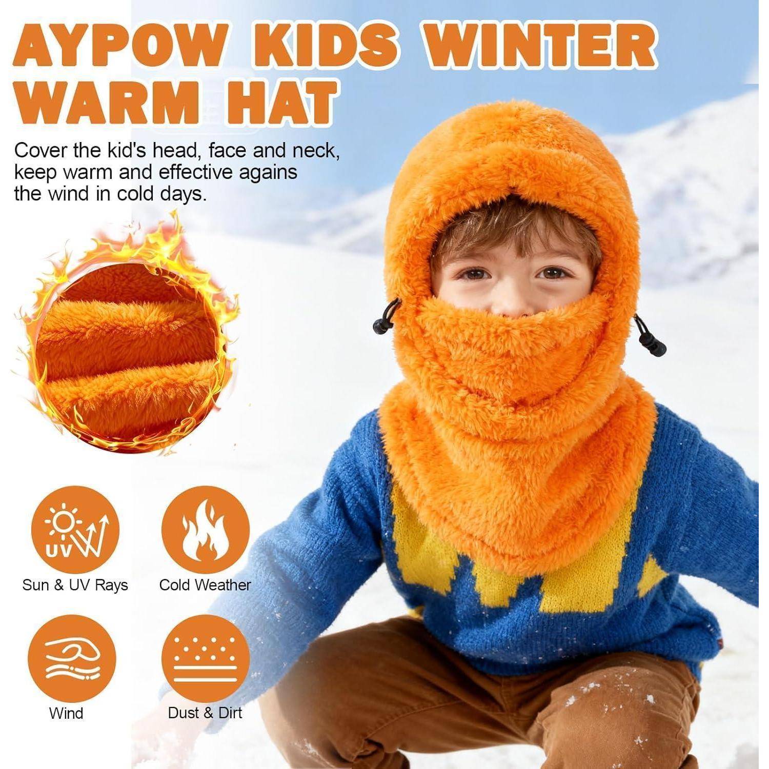 Kind, das eine orange Wintermütze trägt, die Kopf und Gesicht bedeckt; der Anzeigentext sagt, dass sie vor Wind, Kälte, Sonne und Staub schützt.
