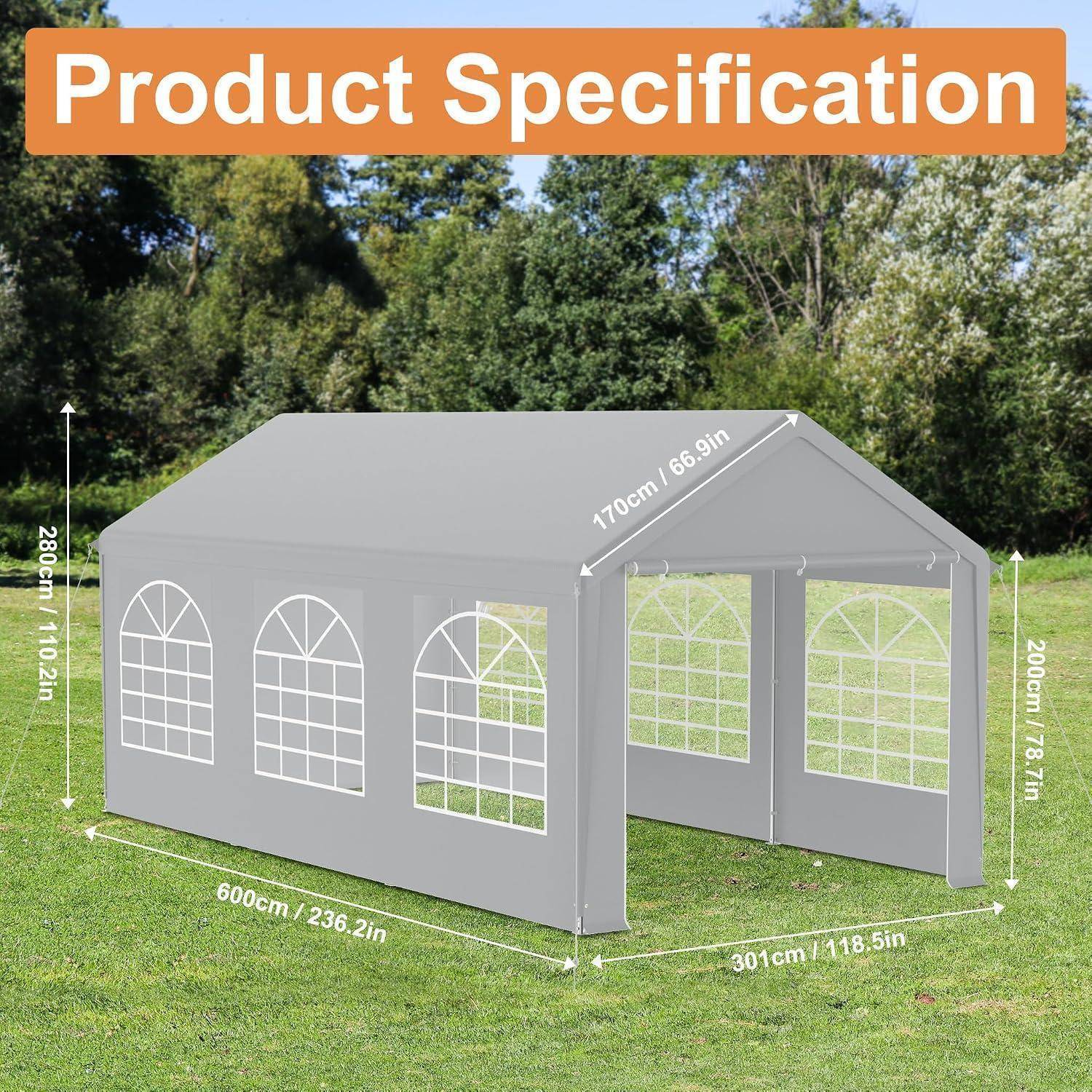 Produktspezifikationsbild einer grauen Baldachhinzeltent auf Gras, gekennzeichnet mit 600 x 301 x 280 cm, mit 170 cm Seitenhöhe und 200 cm Fronthöhenmessungen.