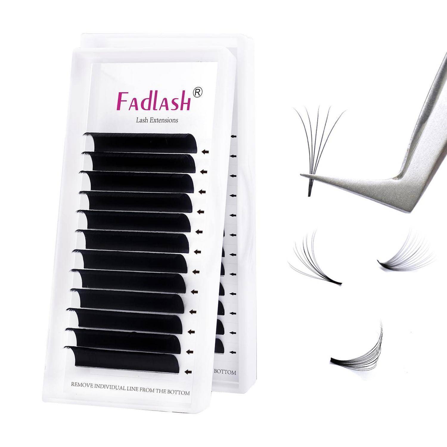 Fadlash Wimpernverlängerungstablett mit schwarzen Wimpernstreifen und Pinzetten, das einen einzelnen Wimpernfächer platziert, zeigt Wimpernverlängerungs-Zubehör.