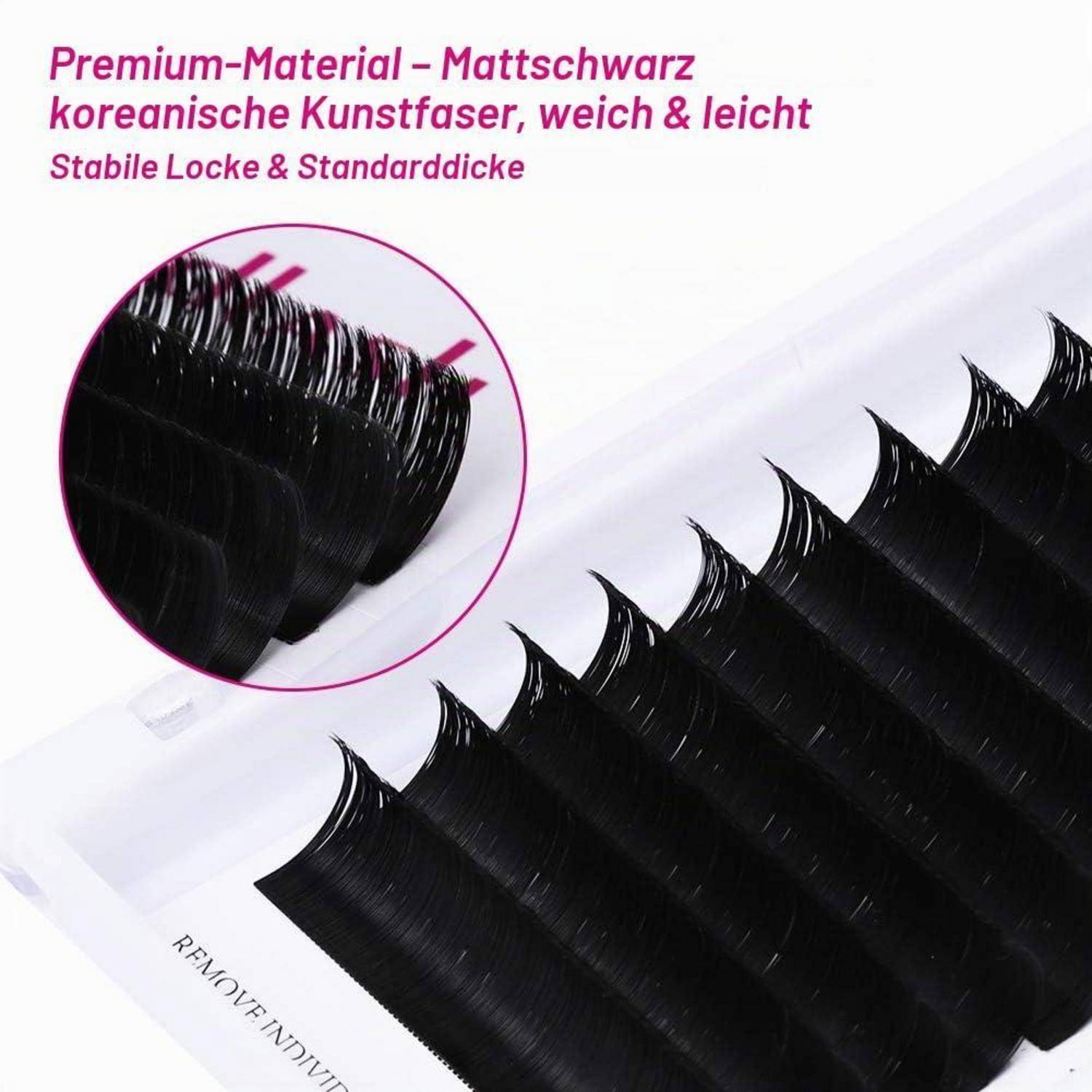 Nahaufnahme von schwarzen Wimpernverlängerungen auf einem transparenten Streifen, mit eingefügtem vergrößertem Detail und deutschem Text, der Premium-Synthesematerial, weich und leicht, bewirbt.