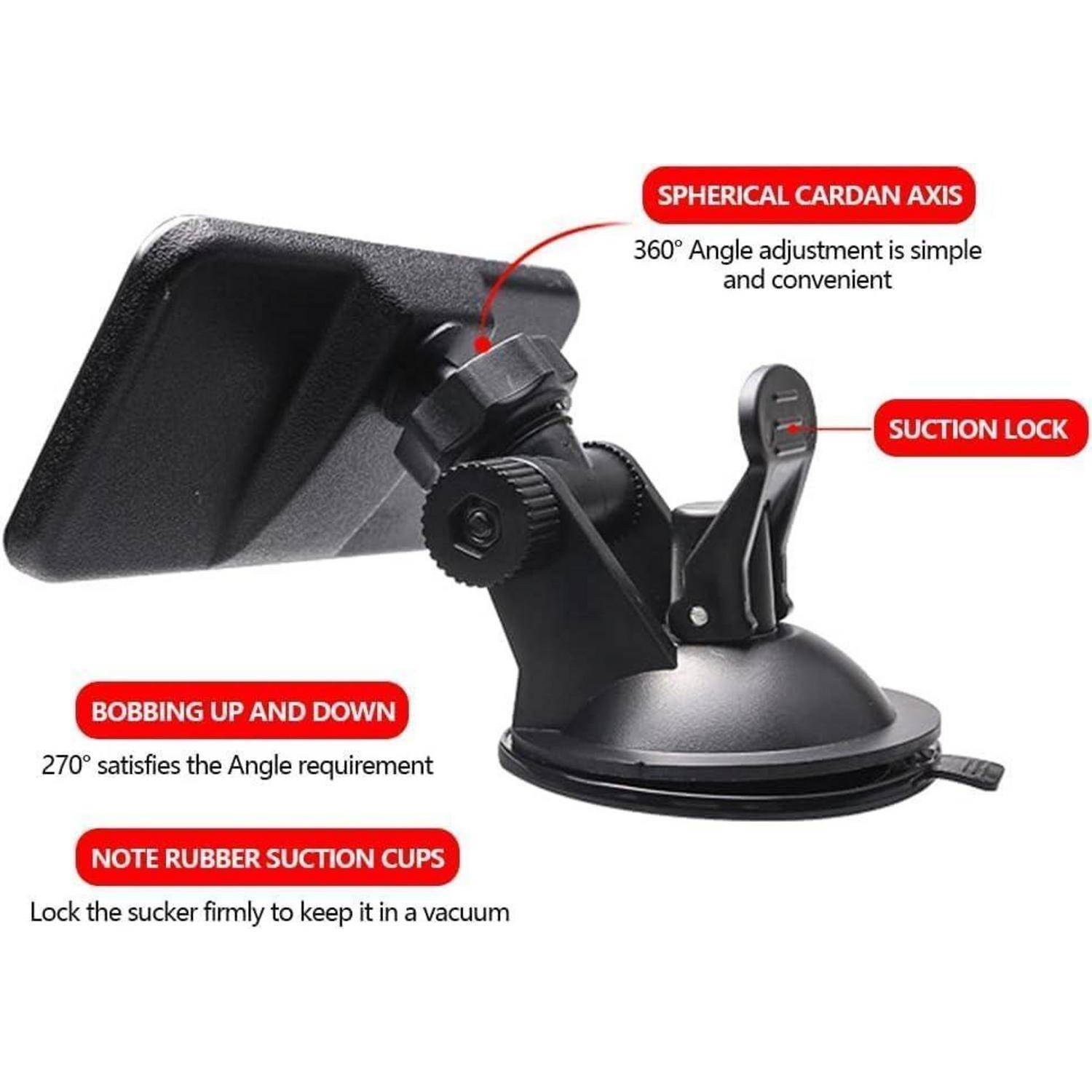 Handyhalterung fürs Auto mit Saugnapfbasis, verstellbarem Kugelgelenk und abnehmbaren Seitenklemmen; Beschriftungen vermerken 360°-Winkelverstellung und Saugverschluss.