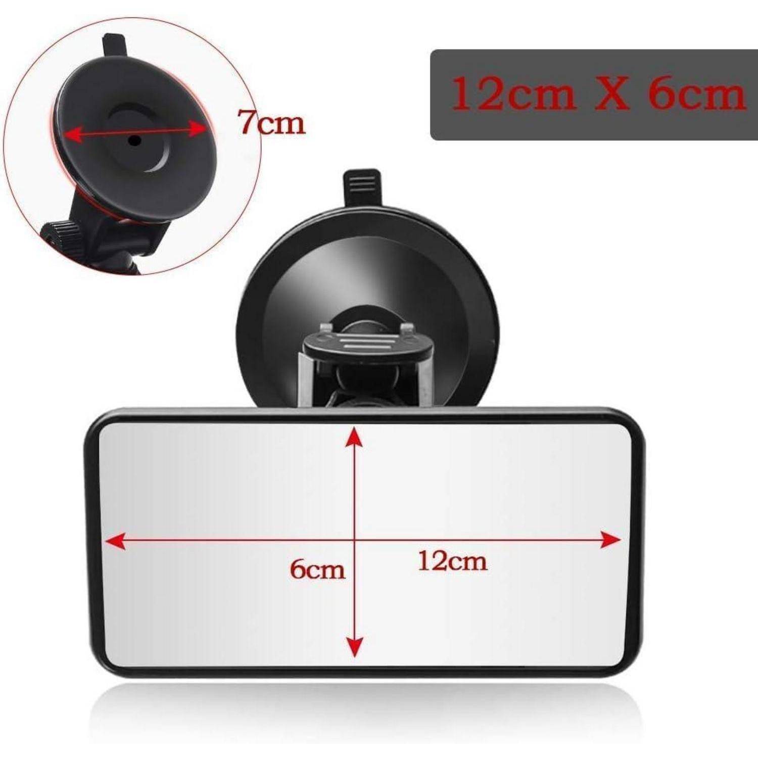 Diagramm einer Saugnapf-Handyhalterung mit Abmessungen: 7 cm Saugnapf, 12 cm x 6 cm Montagehalterung und 12 cm x 6 cm Frontplatte.