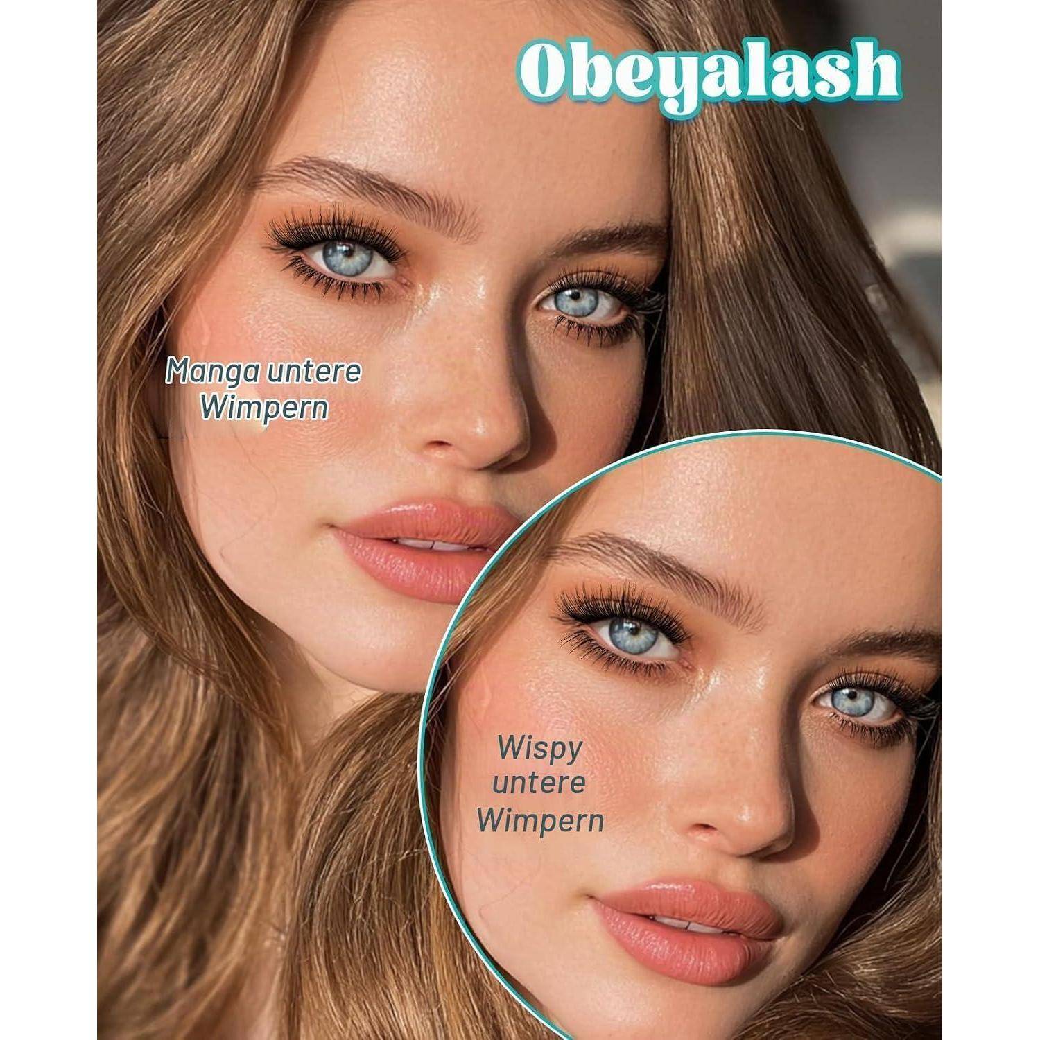 Werbebild eines Frauengesichts mit künstlichen Wimpern, das 'Manga untere Wimpern' und 'Wispy untere Wimpern' unter der Marke 'Obeyalash' vergleicht.