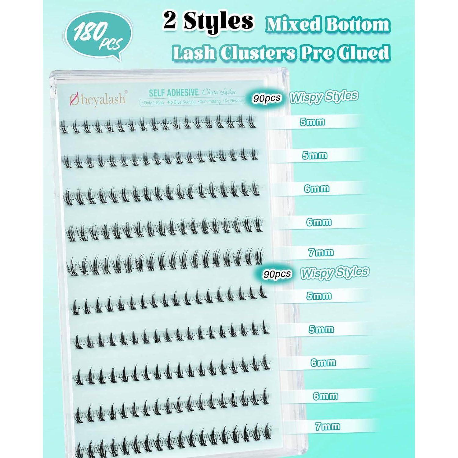 Produktpaket mit 180 vorgeleim­ten gemischten Wimpernklustern in 2 Stilen, mit weichen Stilen in den Größen von 5mm bis 7mm.