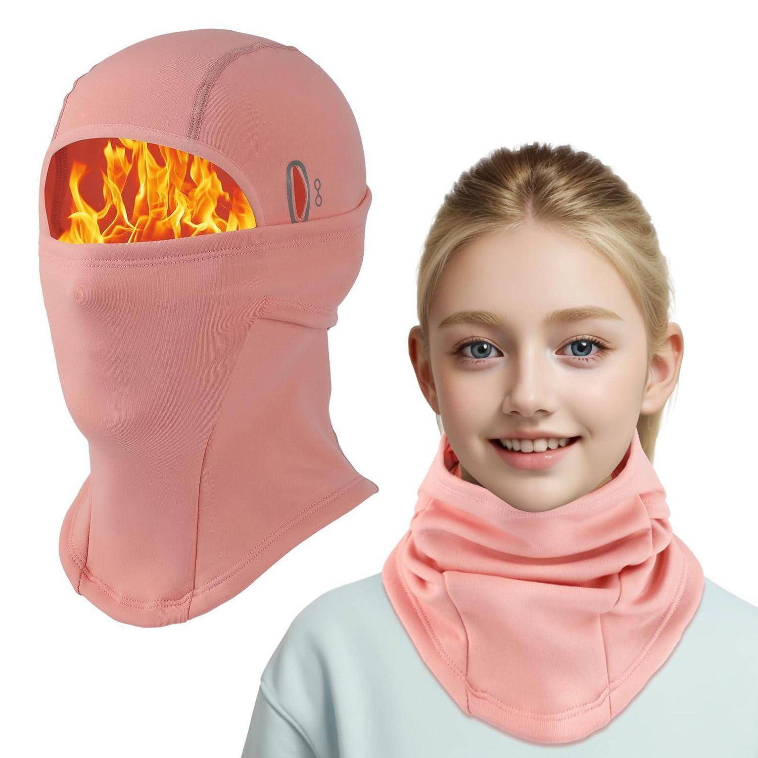 Rosa Wärmeschal, der an einem Model gezeigt wird, mit einer Grafik von Flammen in der Gesichtsöffnung, die feuerfeste Schutzwirkung anzeigt.