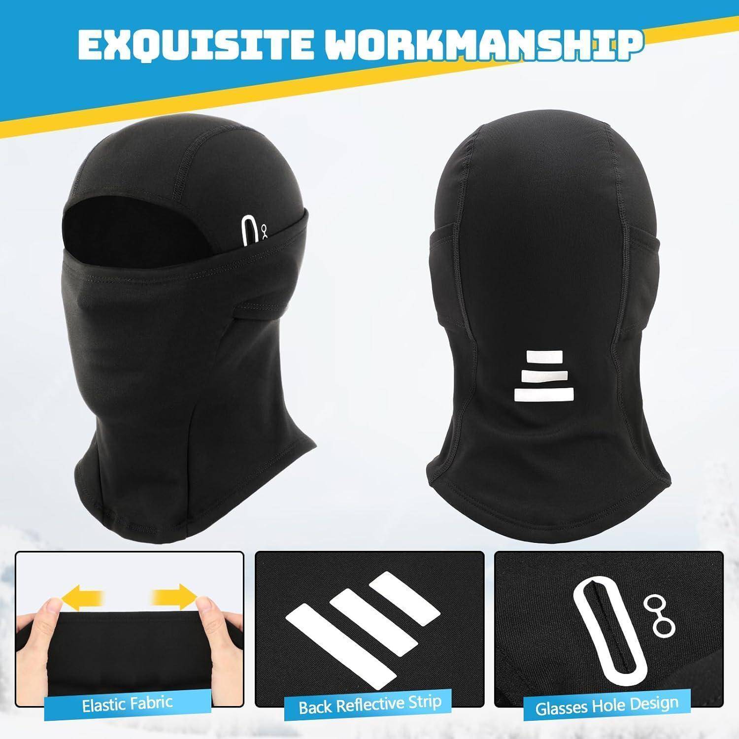 Schwarze Sturmhaube im Gesichtsmaske-Stil, shown von vorne und hinten, mit elastischem Stoff, reflektierenden Streifen auf der Rückseite und einem Brillenloch-Design.