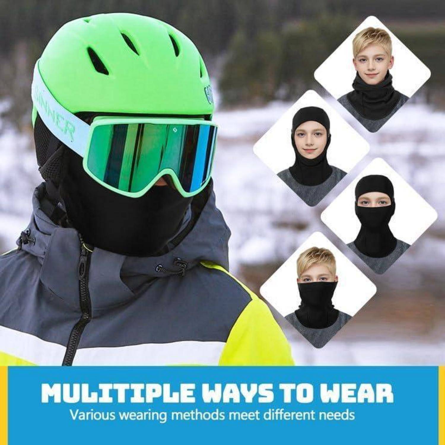 Skihelm und Schutzbrille werden mit mehreren Trageweisen einer Gesichtsmaske gezeigt; eingefügte Porträts zeigen verschiedene Optionen für die Abdeckung von Kopf und Nacken.