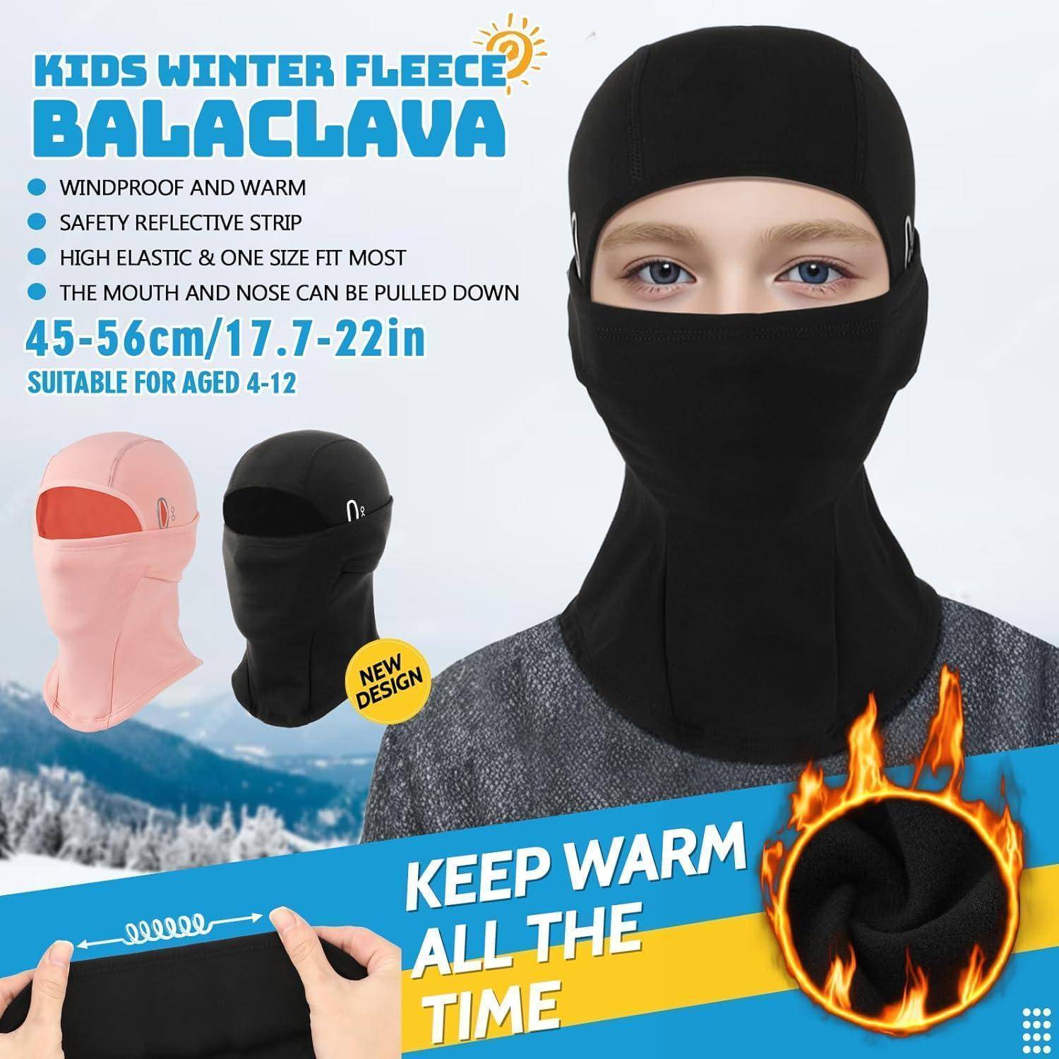 Werbebild einer Kinder-Winter-Fleece-Sturmhaube, das ein Kind mit schwarzer Gesichtsmaske zeigt; der Text hebt winddichte Wärme, reflektierendes Band, Einheitsgröße und Alter 4-12 hervor.