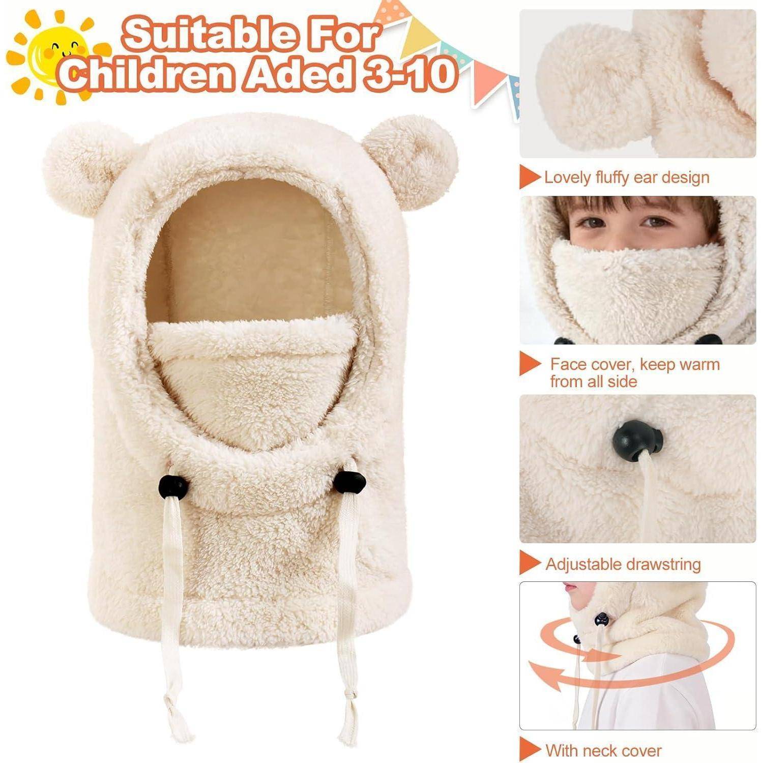 Produktbild einer flauschigen beigen Kinder-Wintermütze mit Kapuze, ohrenförmigen Details, Gesichtsabdeckung, Kordelzügen und Nackenabdeckung; gekennzeichnet als geeignet für Alter 3–10 Jahre.