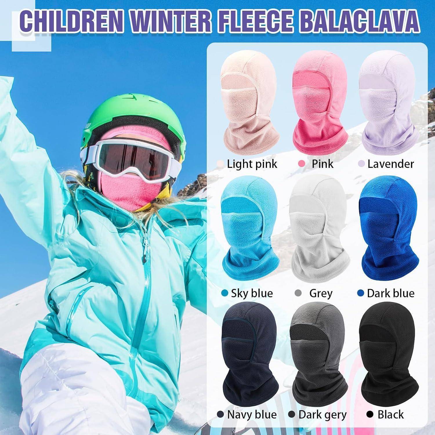 Winterfleece-Sturmhaube mit Anzeige eines Kinderskiläufers in einer rosa Gesichtsabdeckung, mit neun Farboptionen mit den Bezeichnungen Hellrosa, Rosa, Lavendel, Himmelblau, Grau, Dunkelblau, Marineblau, Dunkelgrau und Schwarz.