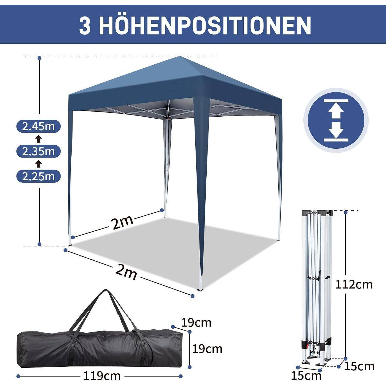 Blaues Pop-Up-Baldachindach mit 3 Höheneinstellungen: 2,25m, 2,35m, 2,45m; Grundfläche 2m x 2m; inklusive Tragetasche und zusammengeklappte Größe 112cm x 15cm x 15cm.