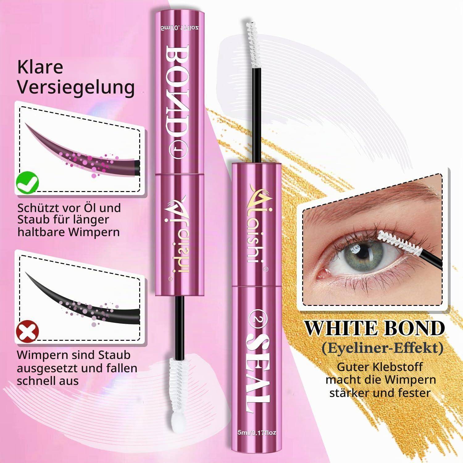 Werbung für weißes Bond-Mascara, das zwei rosa Mascara-Tuben und ein Auge zeigt, das gebürstet wird; der Text besagt, dass klare Versiegelung die Wimpern vor Öl und Staub schützt, mit Eyeliner-Effekt und starkem Halt.