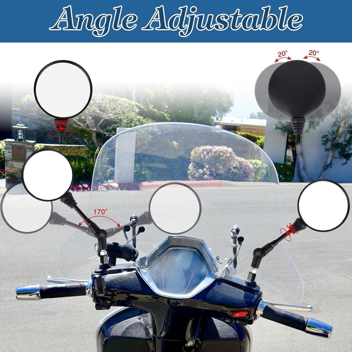 Werbebild einer Motorradwindschutzscheibe mit verstellbaren Spiegeln und Halterungen, gekennzeichnet mit „Winkelverstellbar