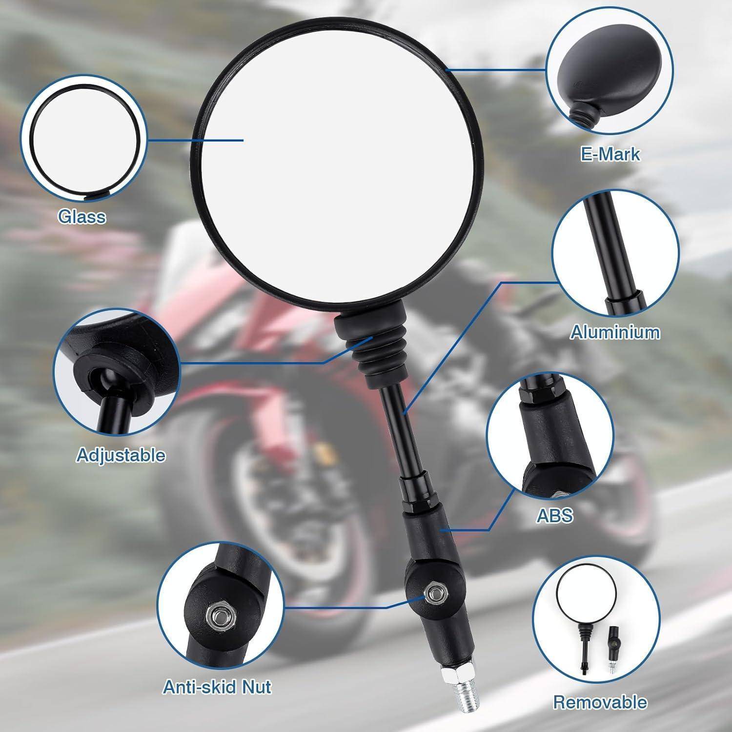 Illustrierter Motorrad-Rückspiegel mit beschrifteten Nahaufnahmen, die Glas, Gelenk mit Verstellmöglichkeit, Aluminiumstamm, ABS-Teile, rutschfeste Mutter, E-Marke und abnehmbares Design zeigen.