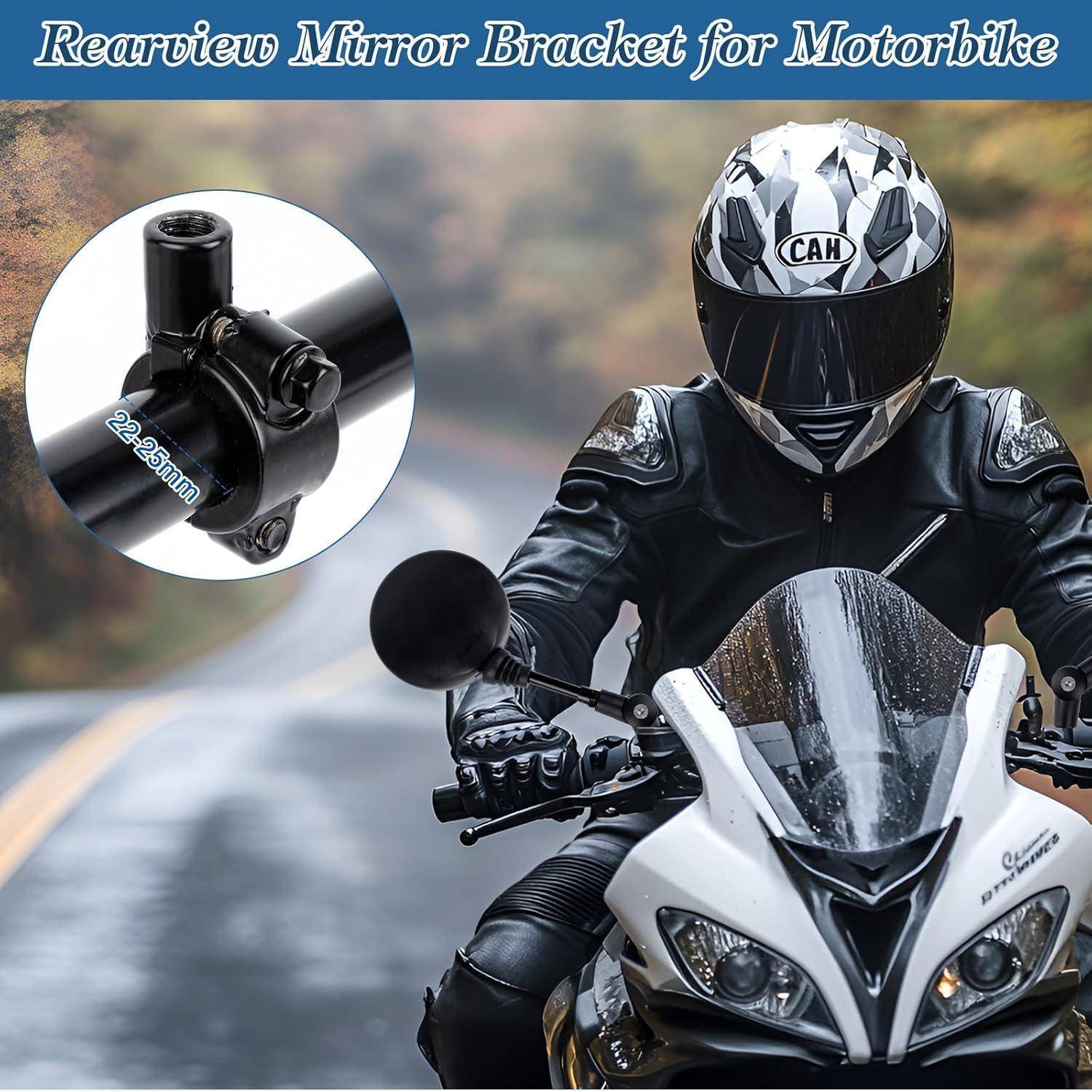 Werbebild eines Motorradfahrers, der ein Sportmotorrad fährt, mit einer eingefügten Nahaufnahme einer „Rückspiegel-Halterung für Motorräder