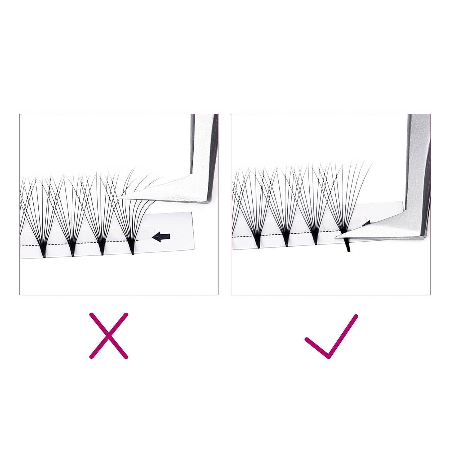 Vergleich des Pinzettenwinkels zur Isolation von Wimpernverlängerungen: links falsch mit X, rechts richtig mit Häkchen.