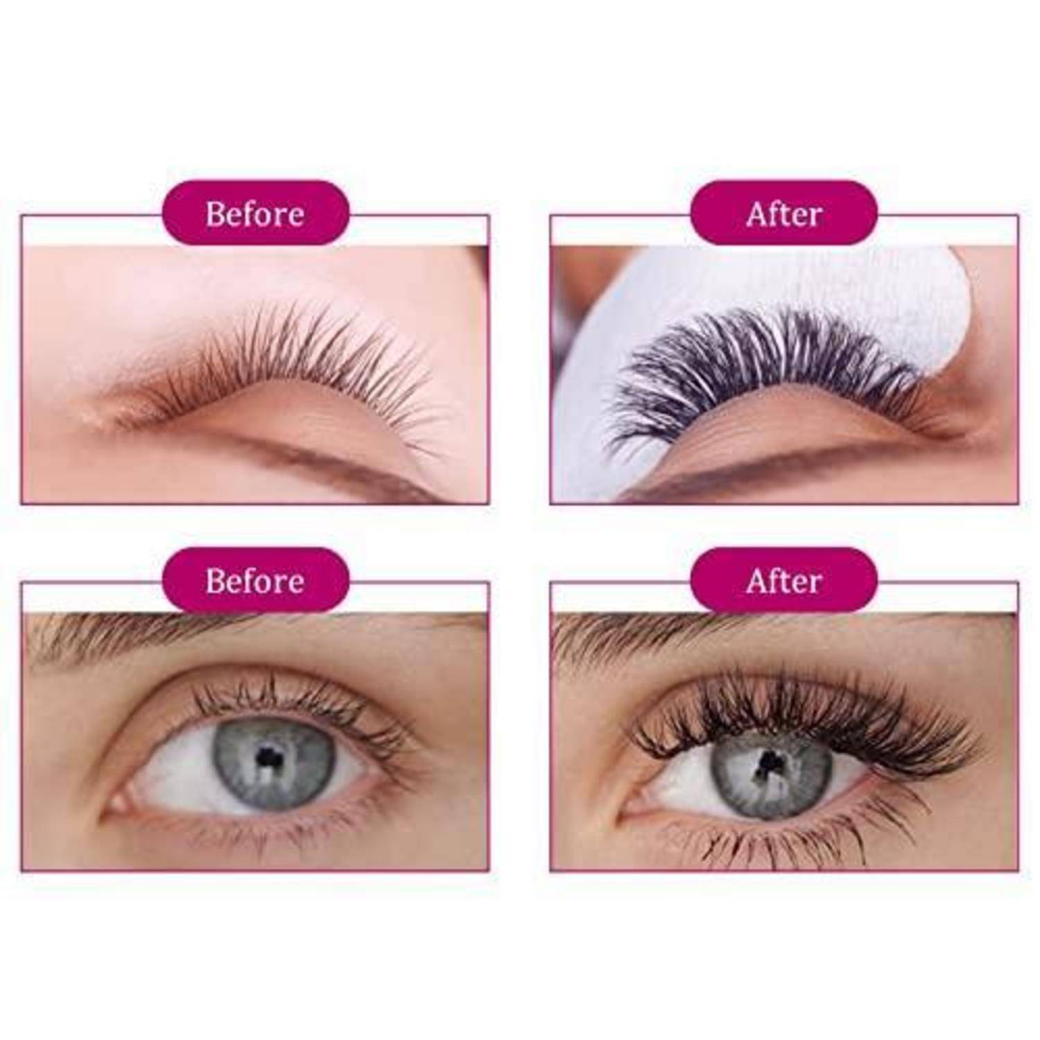 Vorher-und-Nachher-Bilder zeigen die Anwendung von Wimpernverlängerungen, wobei kürzere natürliche Wimpern zu längeren, volleren Wimpern werden.