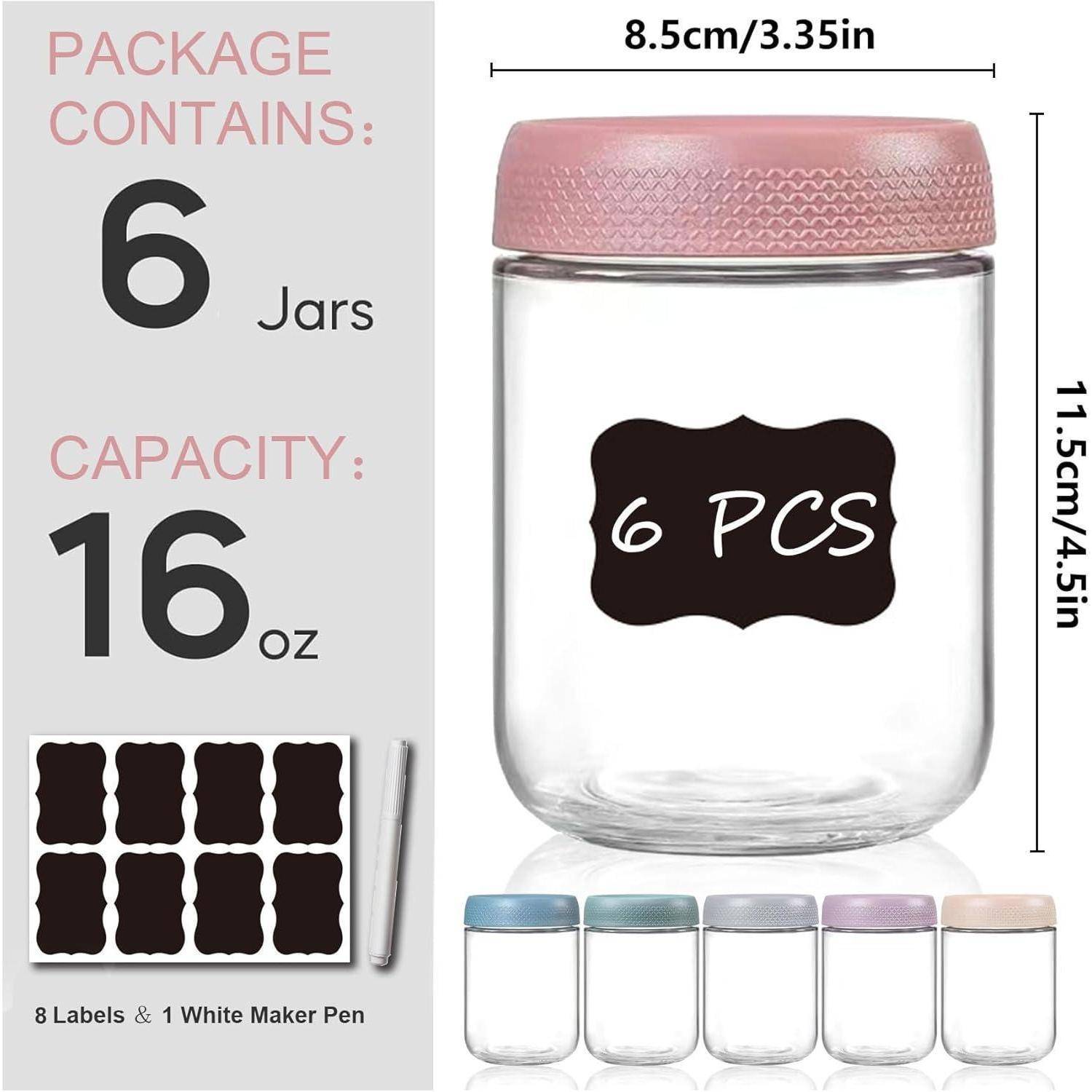 Produktbild zeigt 6 durchsichtige Glsgläser mit rosa Deckeln, mit den Maßen 8,5 cm breit und 11,5 cm hoch; das Paket enthält 6 Gläser, Fassungsvermögen 16 oz, plus 8 Etiketten und 1 weißen Marker.